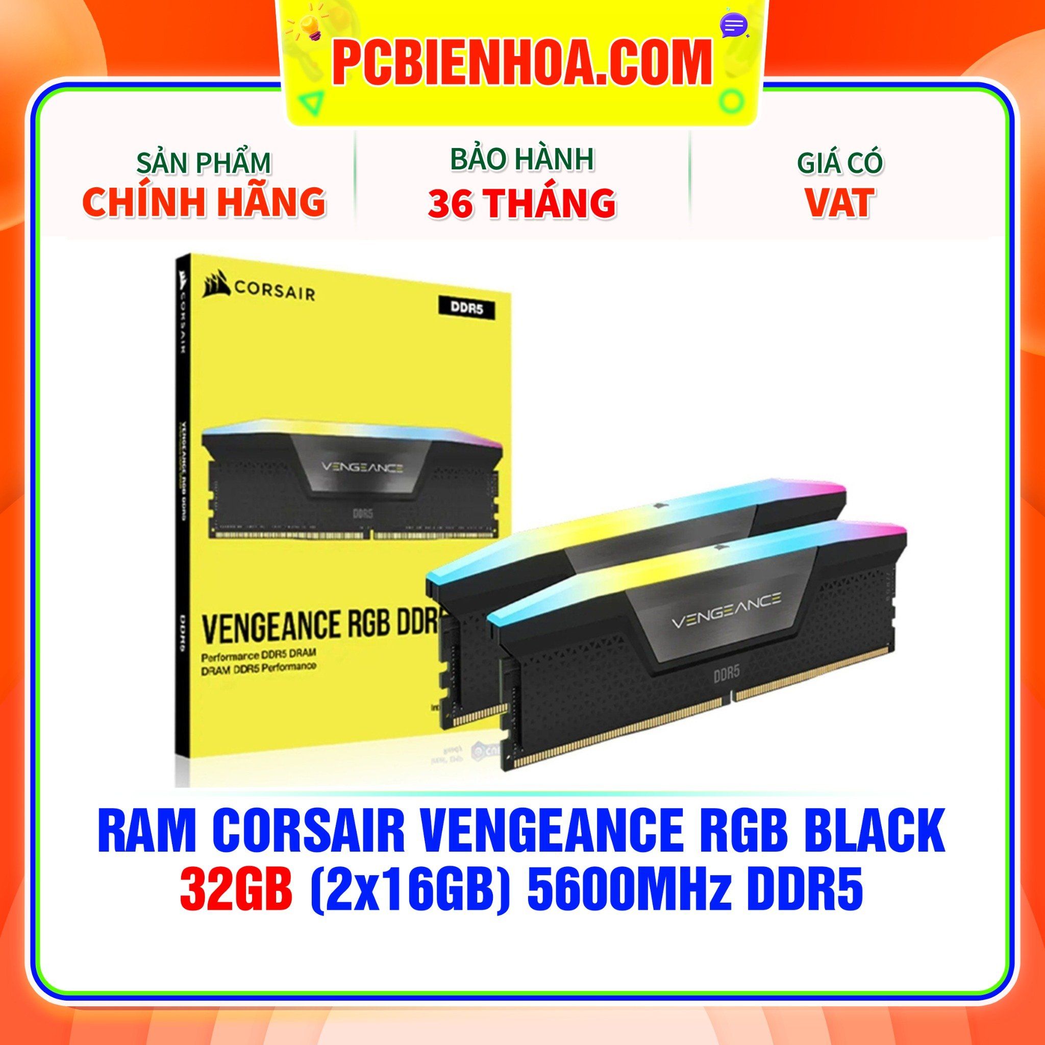  RAM CORSAIR VENGEANCE RGB BLACK 32GB (2x16GB) 5600MHz DDR5 