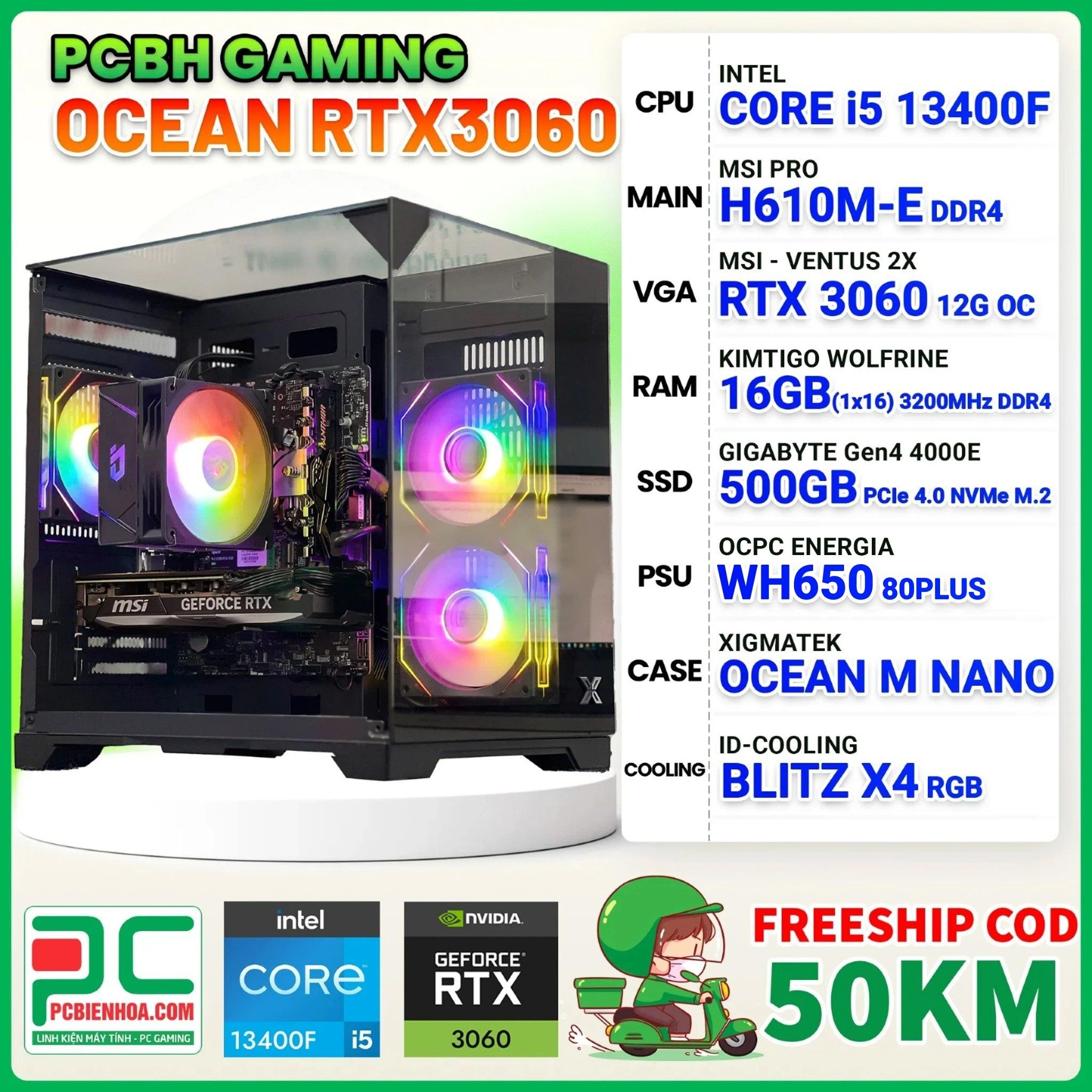 PCBH GAMING OCEAN CORE i5 13400F / H610M / RTX 3060 12GB / 16GB / 500GB