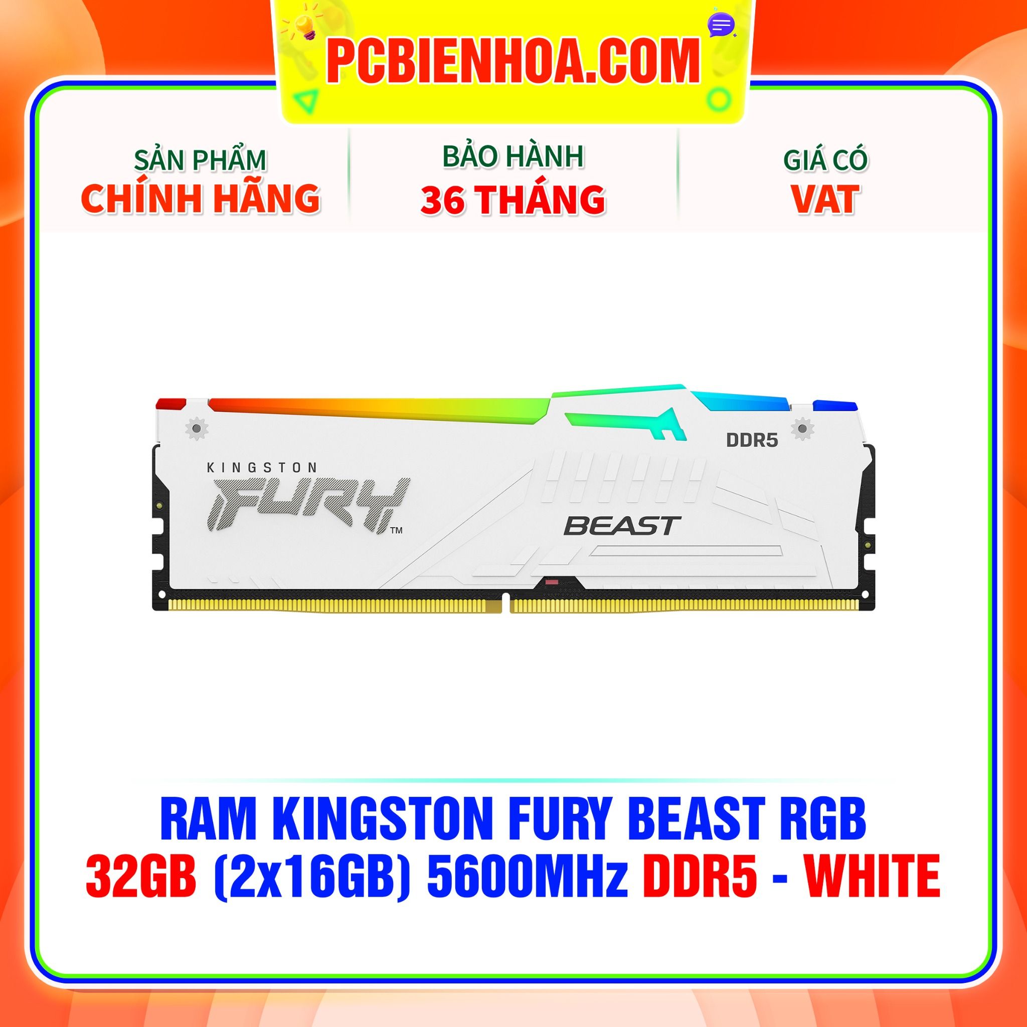  RAM KINGSTON FURY BEAST RGB 32GB (2x16GB) 5600MHz DDR5 - WHITE ( KF556C40BWAK2-32 ) 