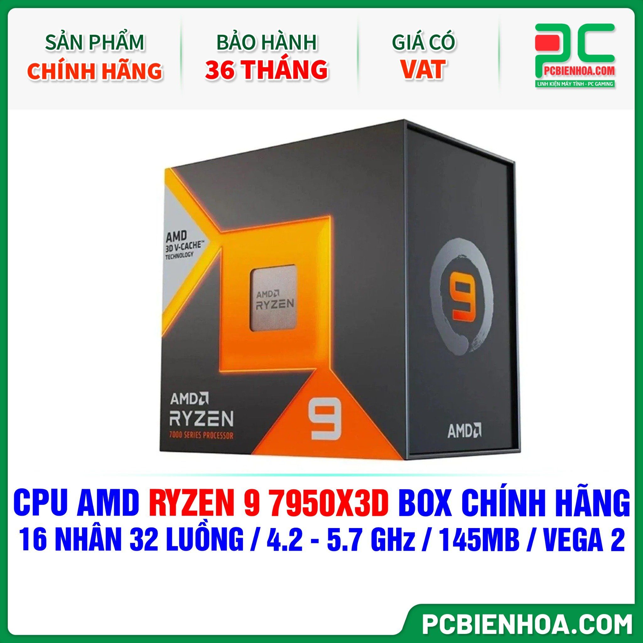 CPU AMD Ryzen 9 7950X3D BOX CHÍNH HÃNG ( 16 NHÂN 32 LUỒNG / 4.2 - 5.7 GHz / 145MB / RADEON VEGA 2 GRAPHICS )