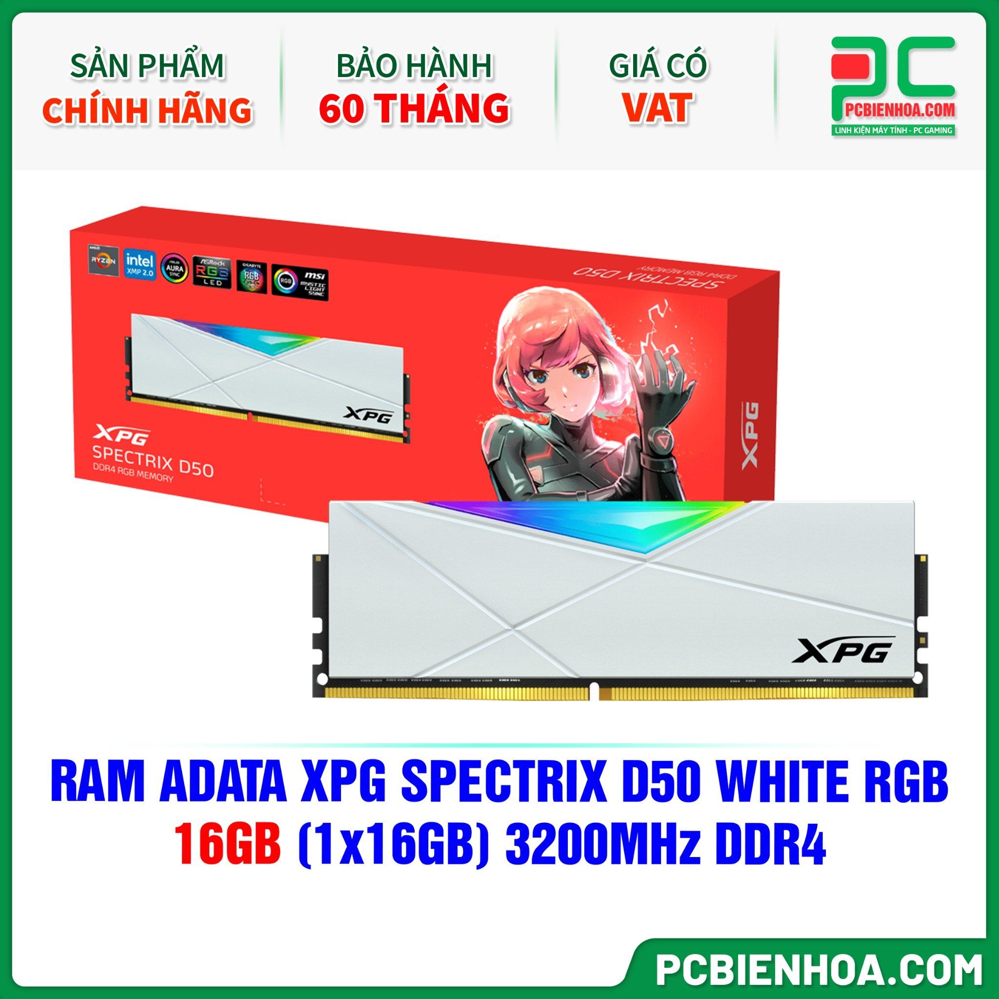 RAM ADATA XPG SPECTRIX D50 WHITE RGB - 16GB (1x16GB) 3200MHz DDR4