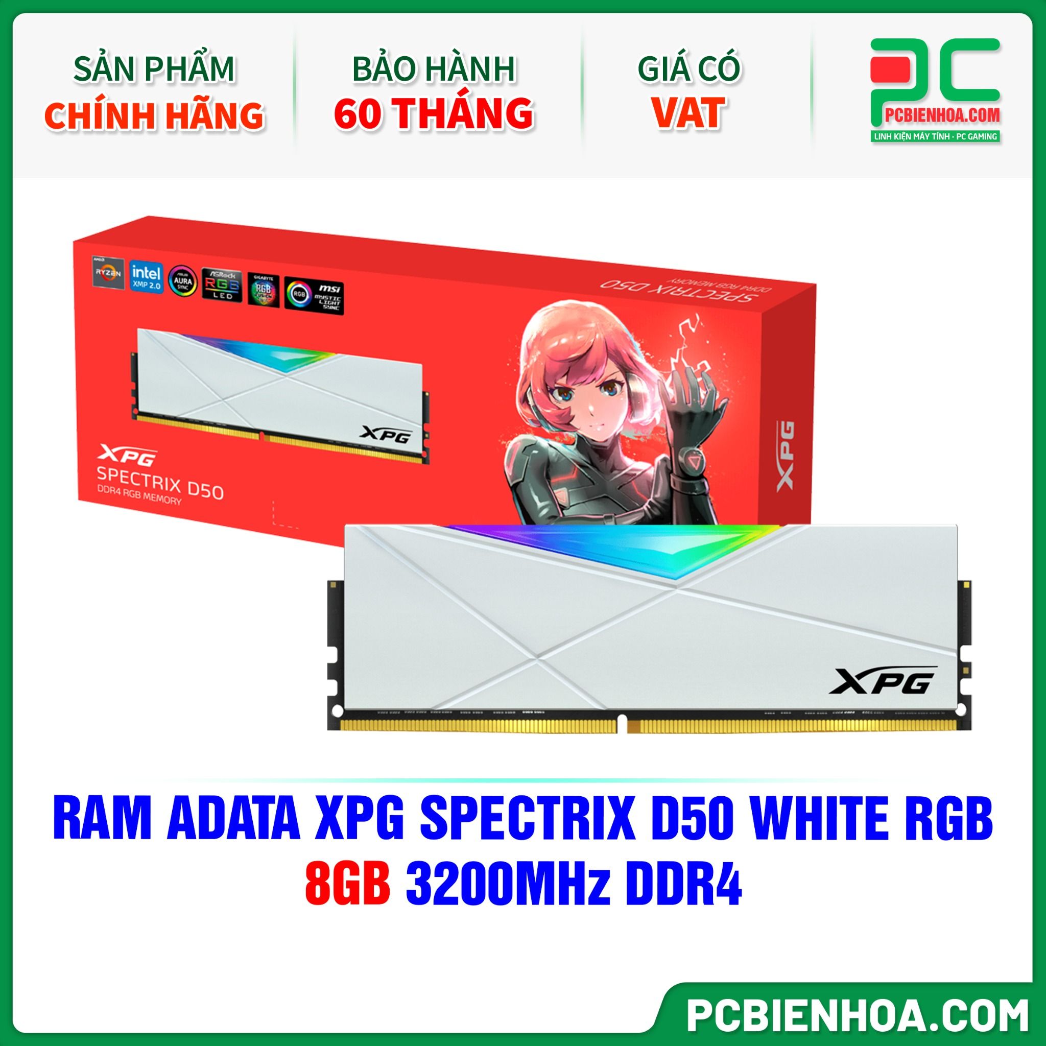 RAM ADATA XPG SPECTRIX D50 WHITE RGB - 8GB 3200MHz DDR4