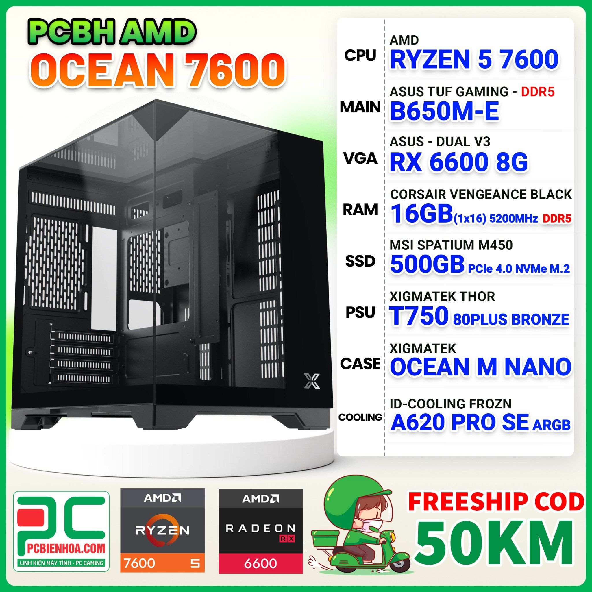 PCBH AMD OCEAN RYZEN 5 7600 / B650M / RX 6600 8G / 16GB DDR5 / 500GB