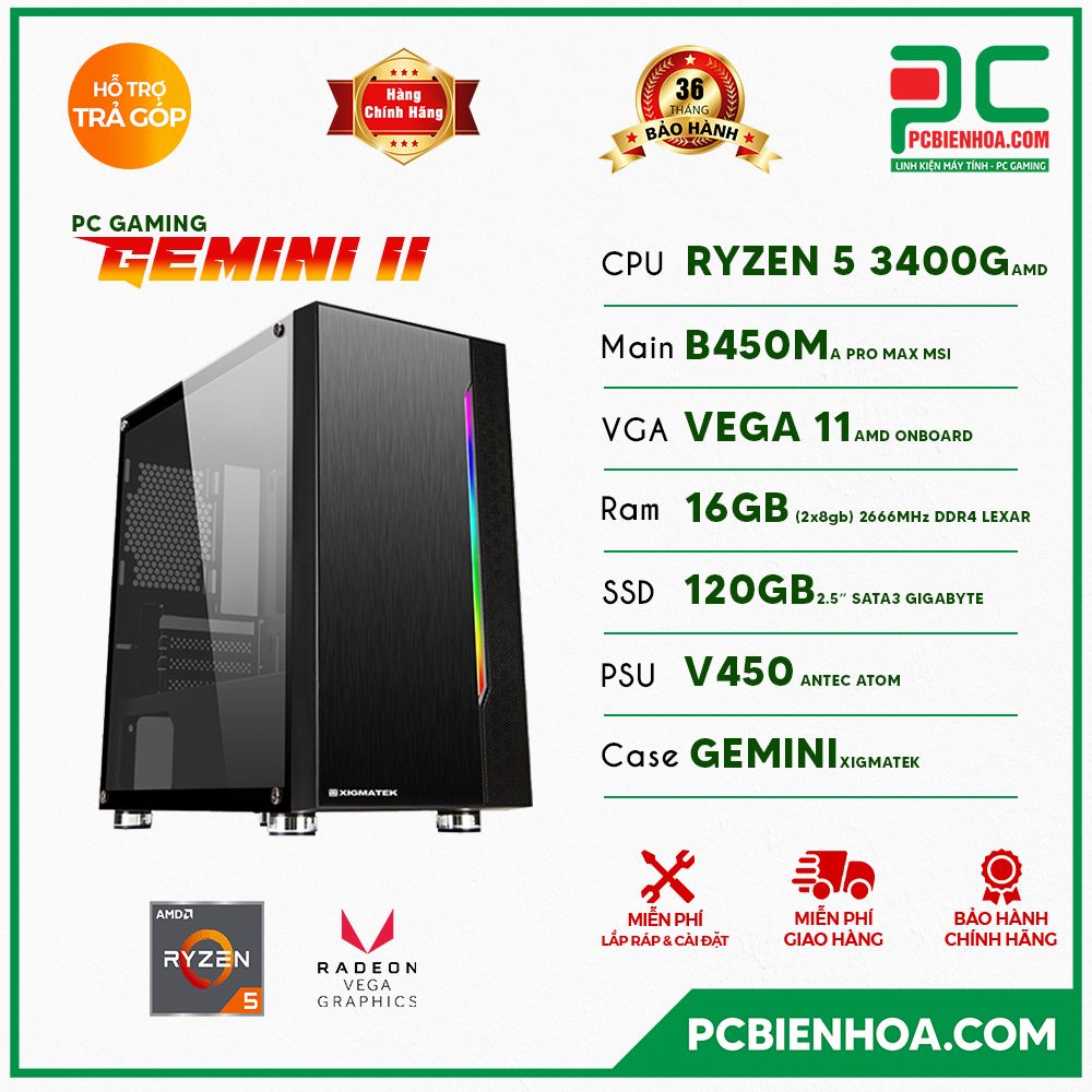 PC GAMING GEMINI II ( RYZEN 5 3400G / B450 / 16GB / 120GB )