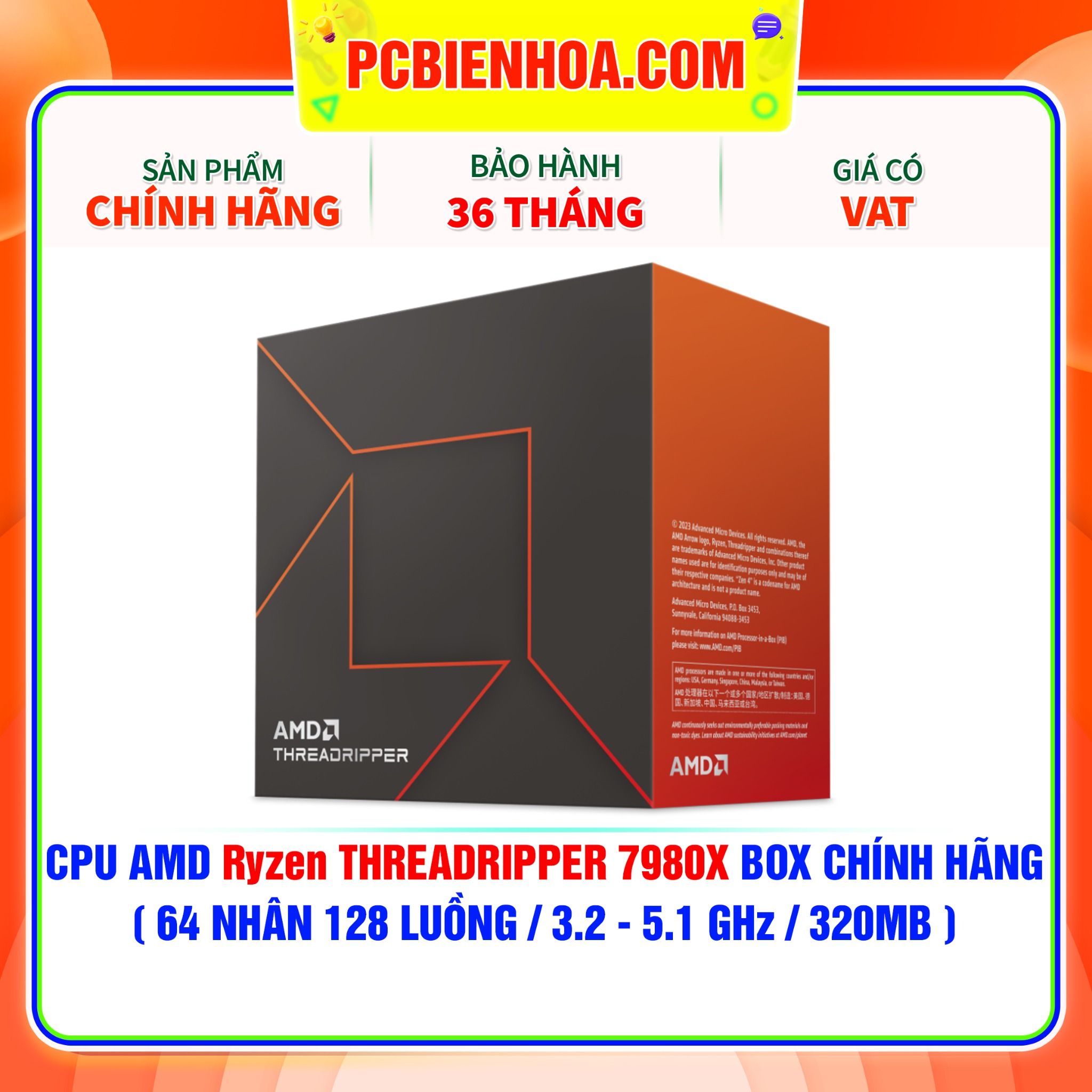  CPU AMD Ryzen THREADRIPPER 7980X BOX CHÍNH HÃNG ( 64 NHÂN 128 LUỒNG / 3.2 - 5.1 GHz / 320MB ) 