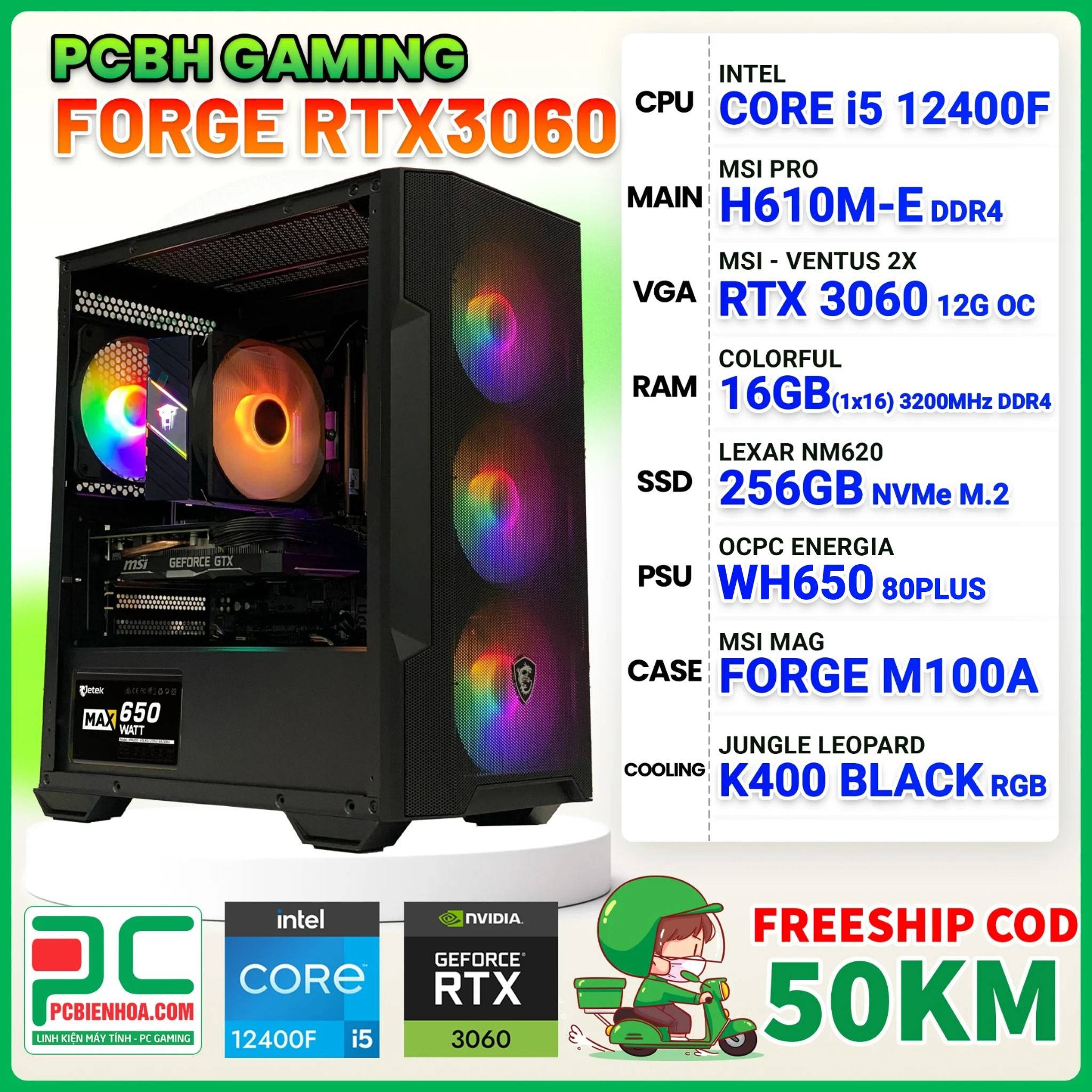 PCBH GAMING FORGE CORE i5 12400F / H610M / RTX 3060 12GB / 16GB / 256GB