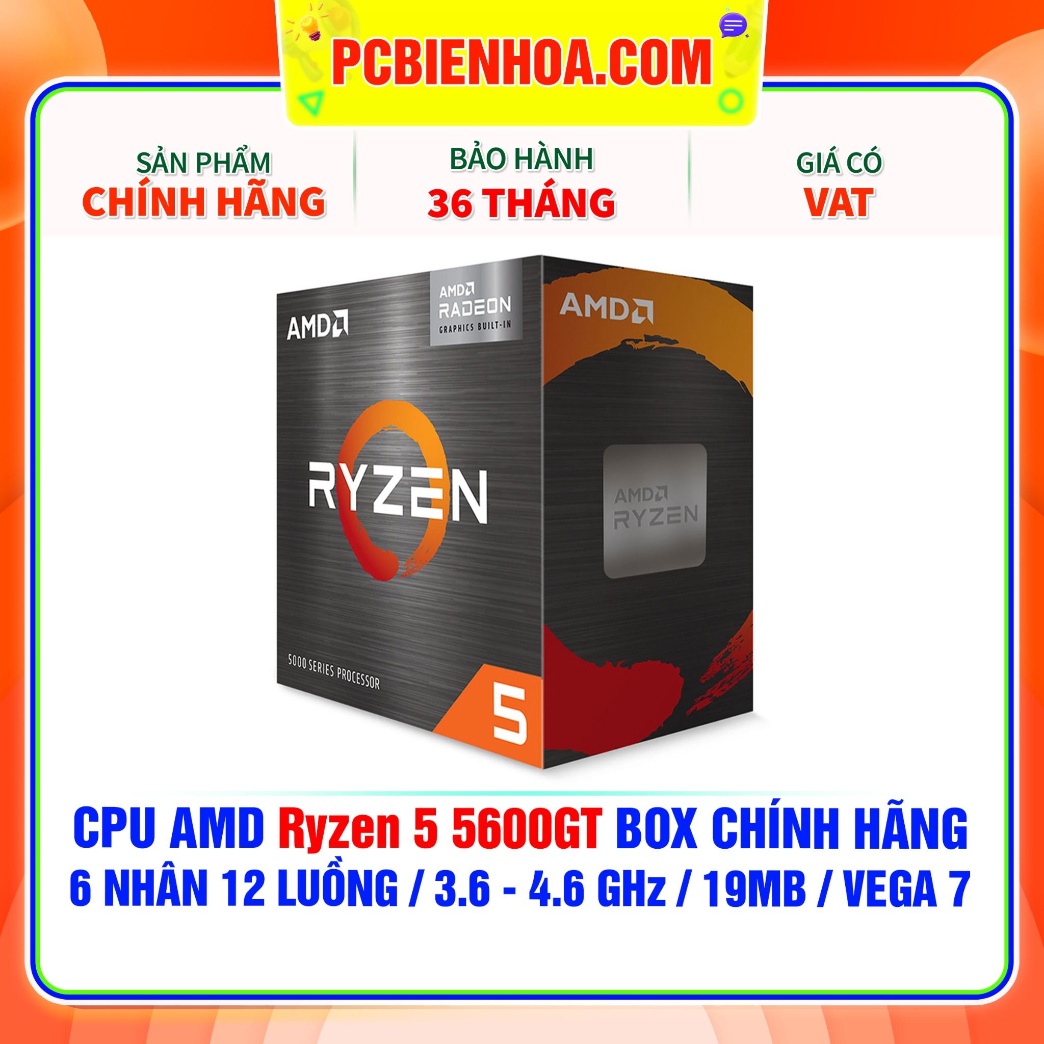  CPU AMD Ryzen 5 5600GT BOX CHÍNH HÃNG ( 6 NHÂN 12 LUỒNG / 3.6 - 4.6 GHz / 19MB / VEGA 7 ) 