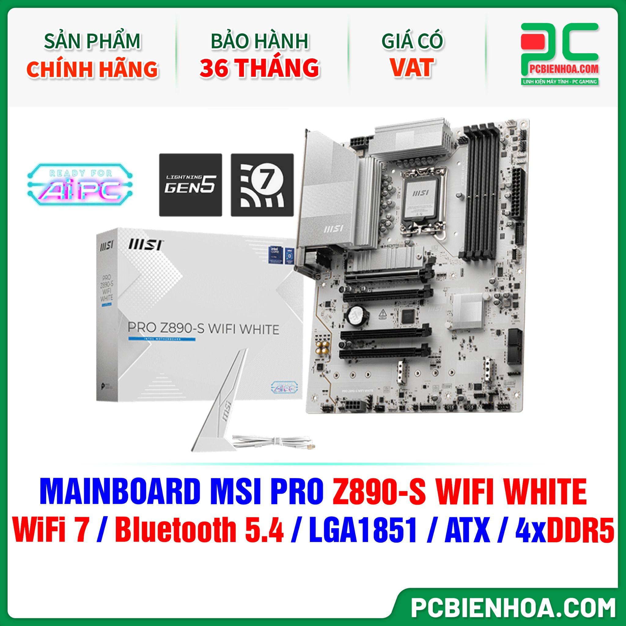 DDR5 - MAINBOARD MSI PRO Z890-S WIFI WHITE ( WiFi 7 / Bluetooth 5.4 / LGA1851 / ATX / 4xDDR5 )