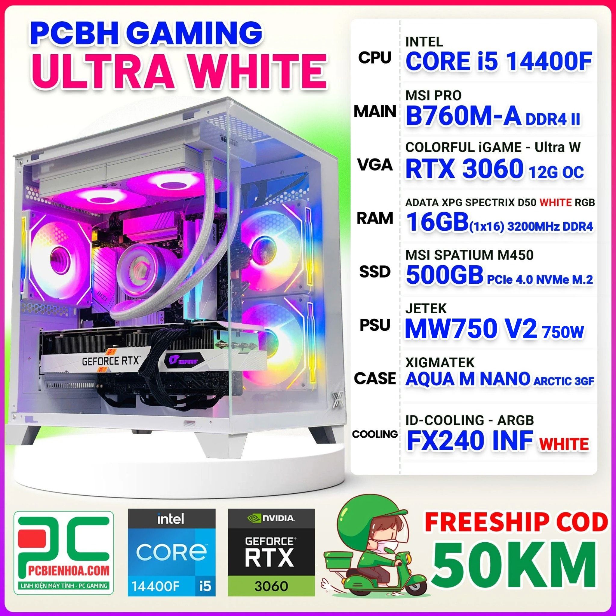 PCBH GAMING ULTRA WHITE CORE i5 14400F / B760M / RTX 3060 12GB / 16GB / 500GB