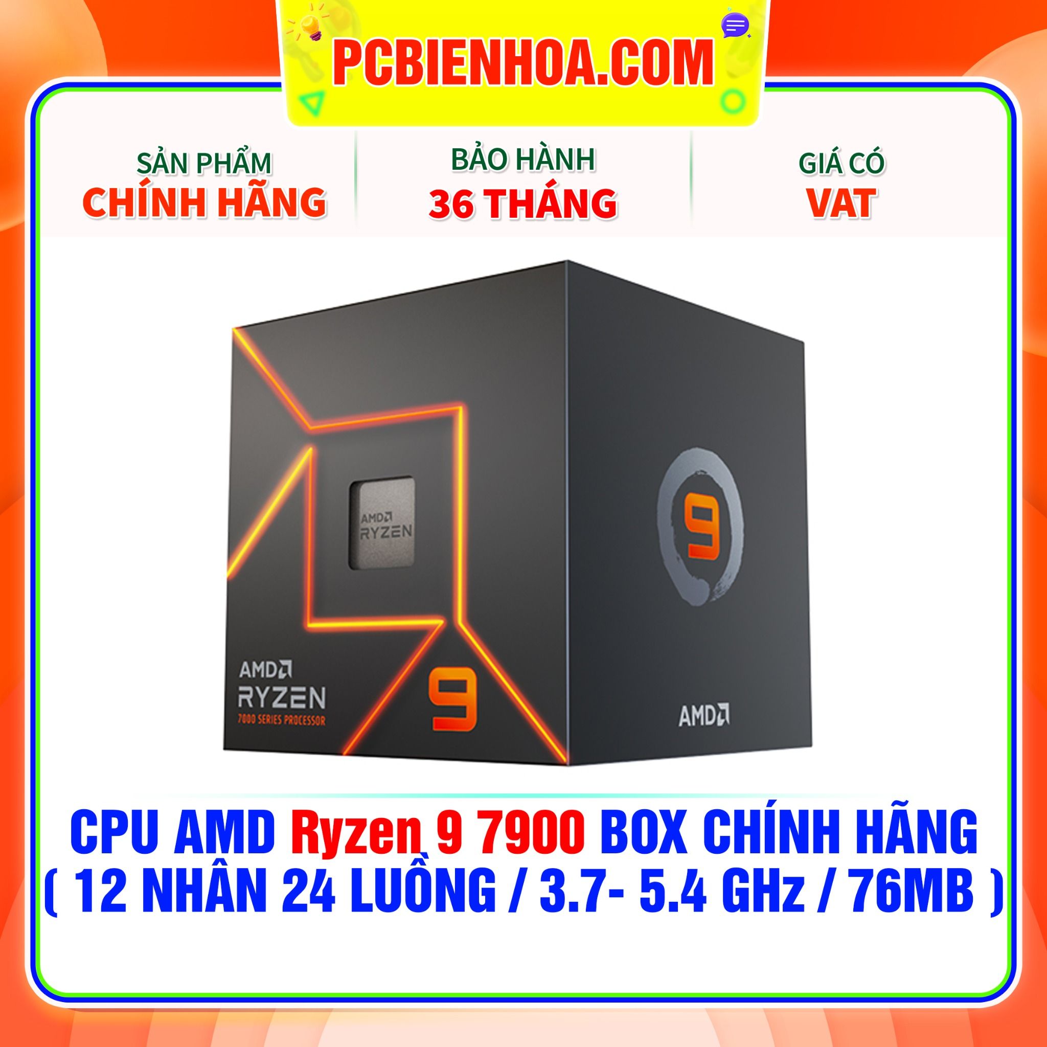  CPU AMD Ryzen 9 7900 BOX CHÍNH HÃNG ( 12 NHÂN 24 LUỒNG / 3.7- 5.4 GHz / 76MB ) 