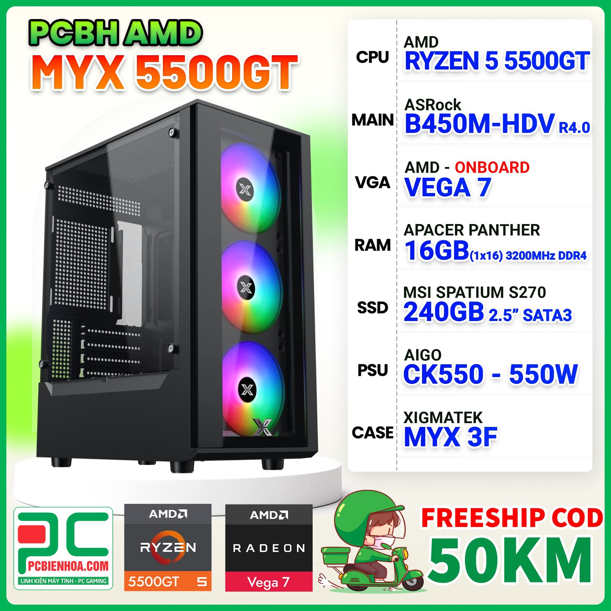PCBH AMD MYX RYZEN 5 5500GT / B450M / 16GB / 240GB