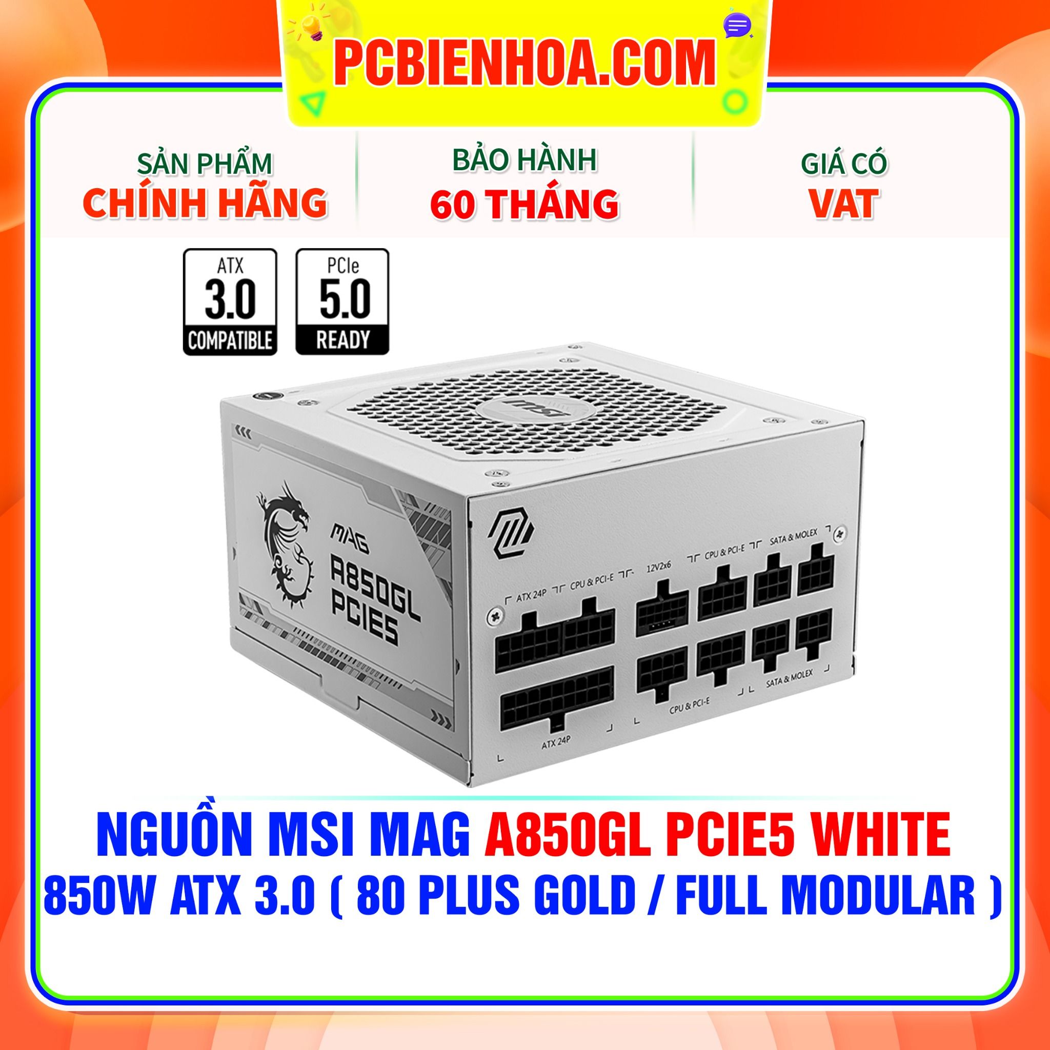  NGUỒN MSI MAG A850GL PCIE5 WHITE - 850W ATX 3.0 ( 80 PLUS GOLD / FULL MODULAR ) 