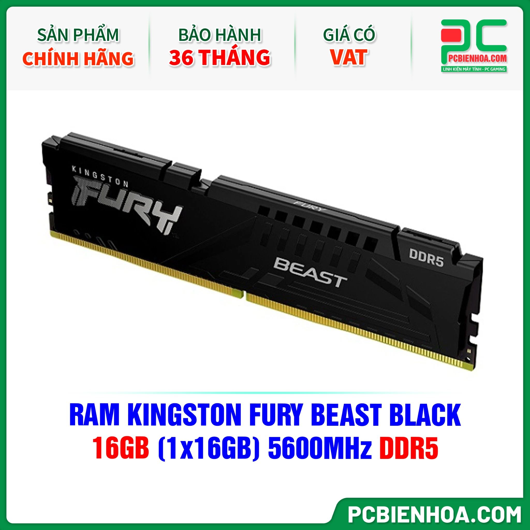 RAM KINGSTON FURY BEAST BLACK - 16GB (1x16GB) 5600MHz DDR5 ( KF556C40BB-16 )