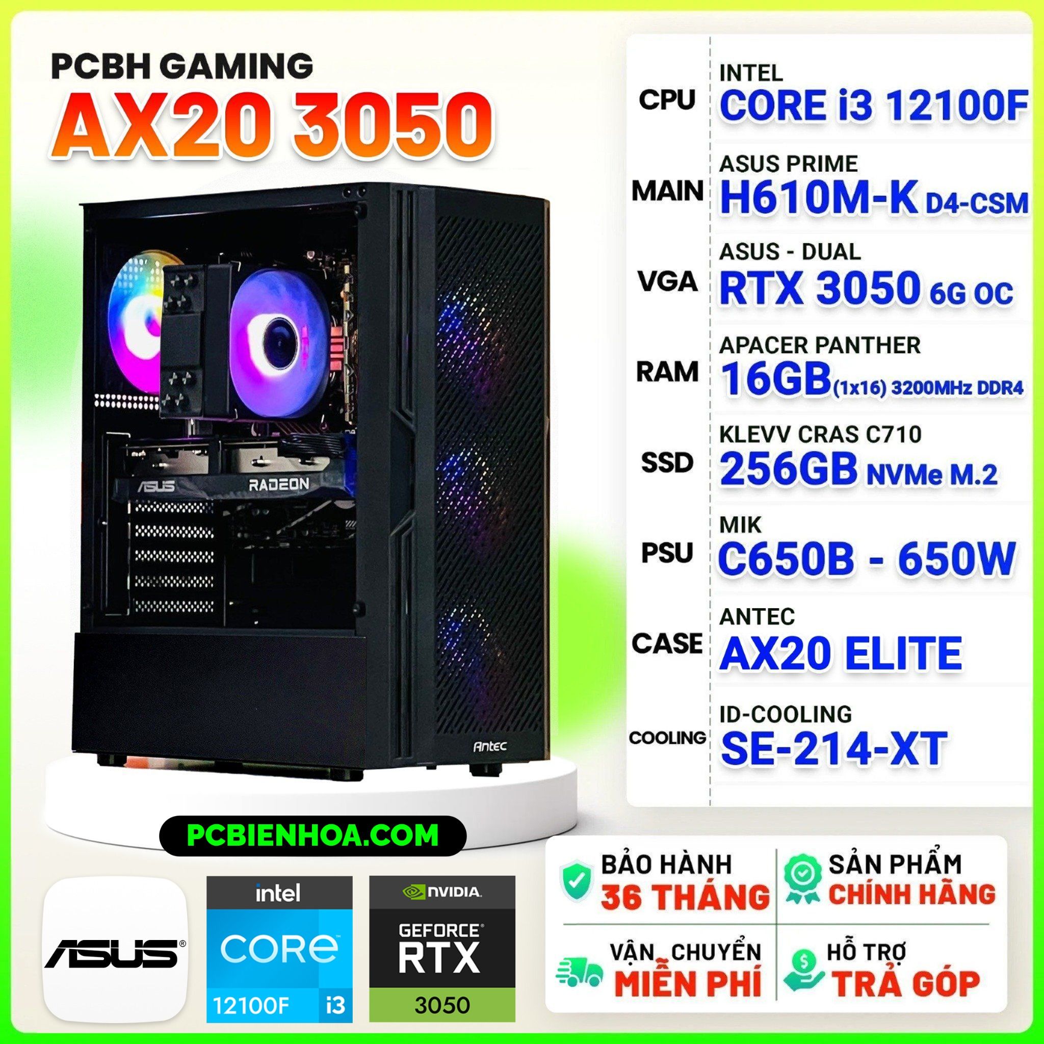  PCBH GAMING ASUS AX20 INTEL CORE i3 12100F / H610M / RTX3050 6GB / 16GB / 256GB 