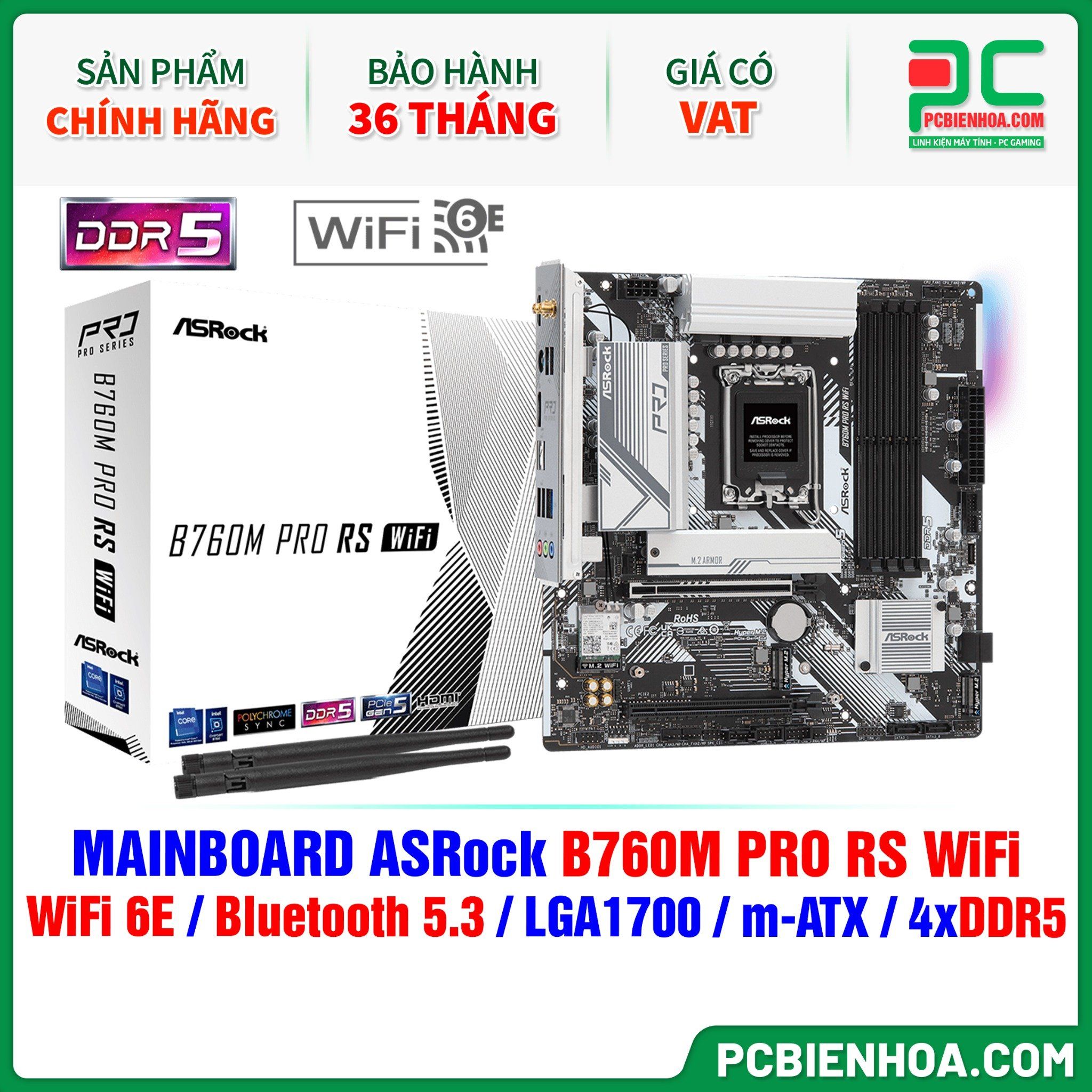 DDR5 - MAINBOARD ASRock B760M PRO RS WIFI ( WiFi 6E / Bluetooth 5.3 / LGA1700 / m-ATX / 4xDDR5 )