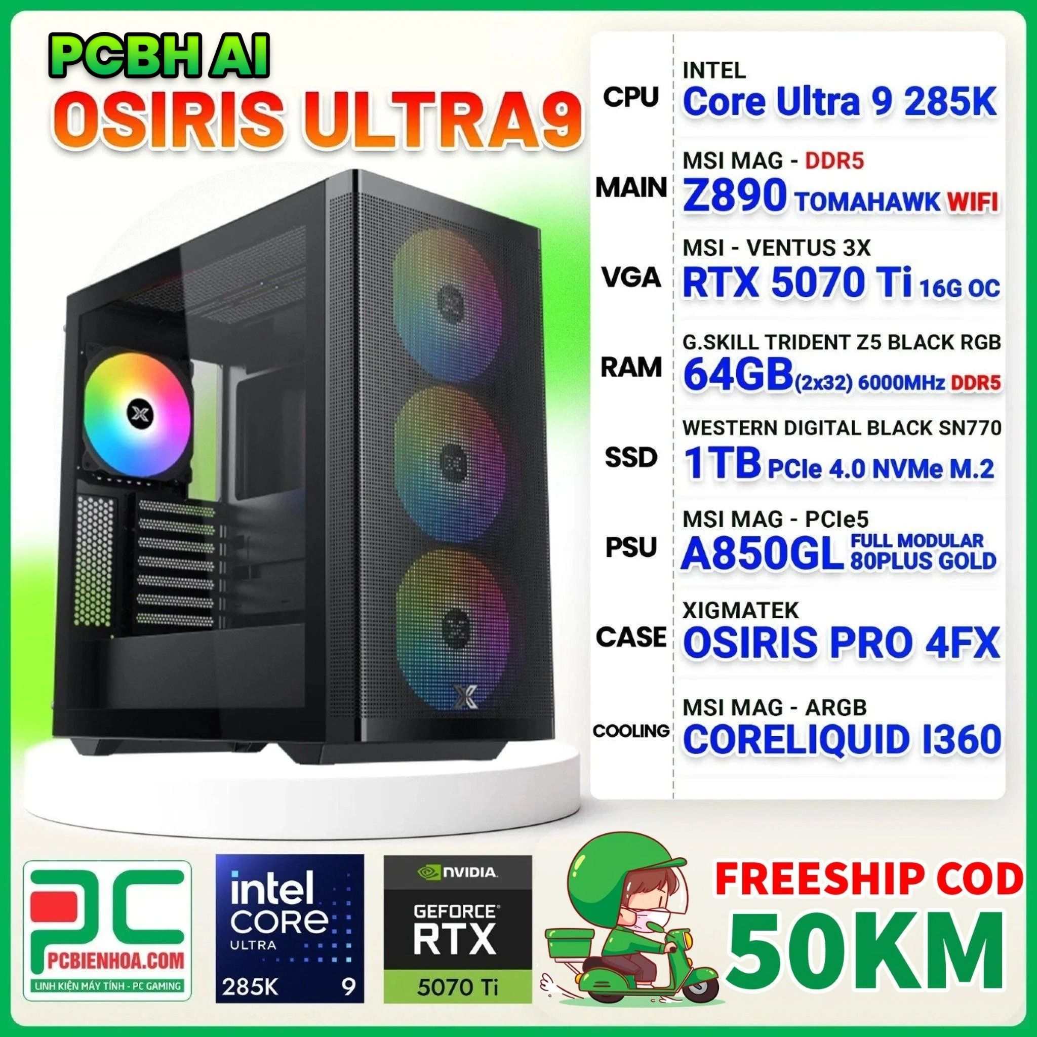 PCBH A.I CORE ULTRA 9 285K / Z890 WiFi / RTX 5070 Ti 16G / 64GB DDR5 / 1TB