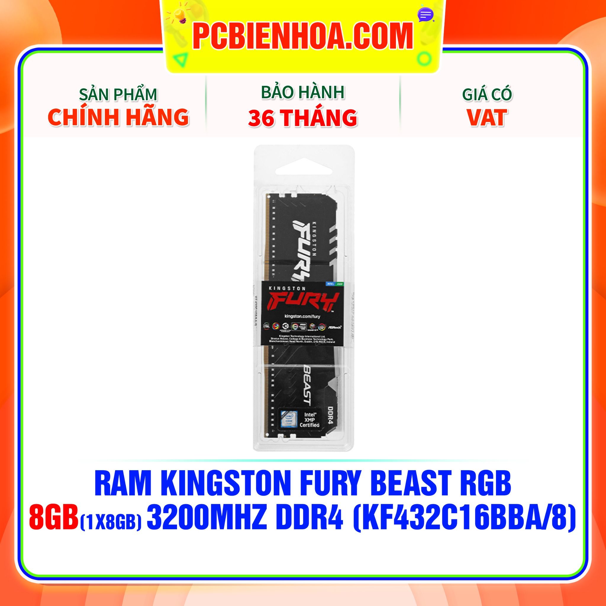  RAM KINGSTON FURY BEAST RGB 8GB (1x8GB) 3200MHz DDR4 ( KF432C16BBA/8 ) 