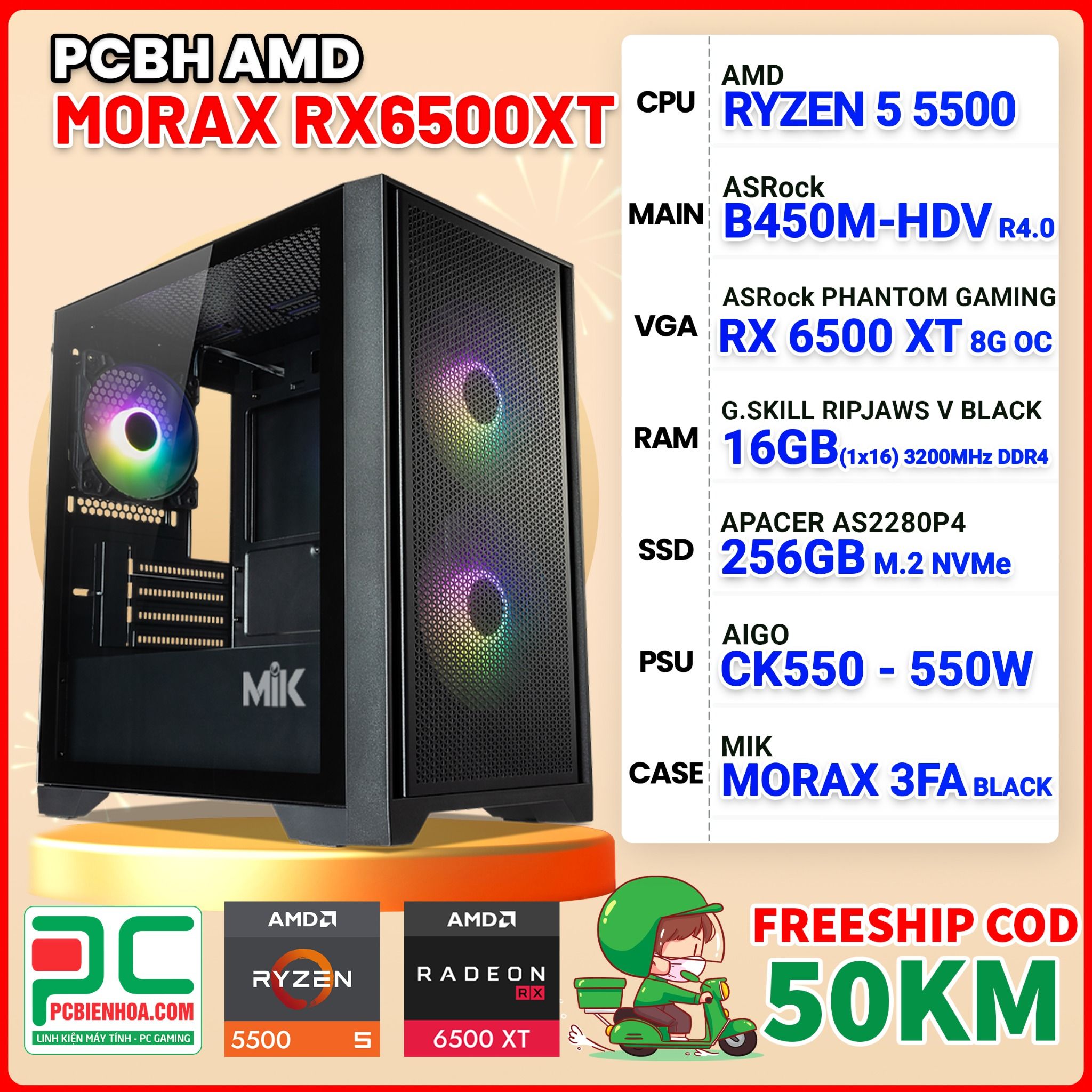 PCBH AMD MORAX RYZEN 5 5500 / B450M / RX 6500 XT 8GB / 16GB / 256GB