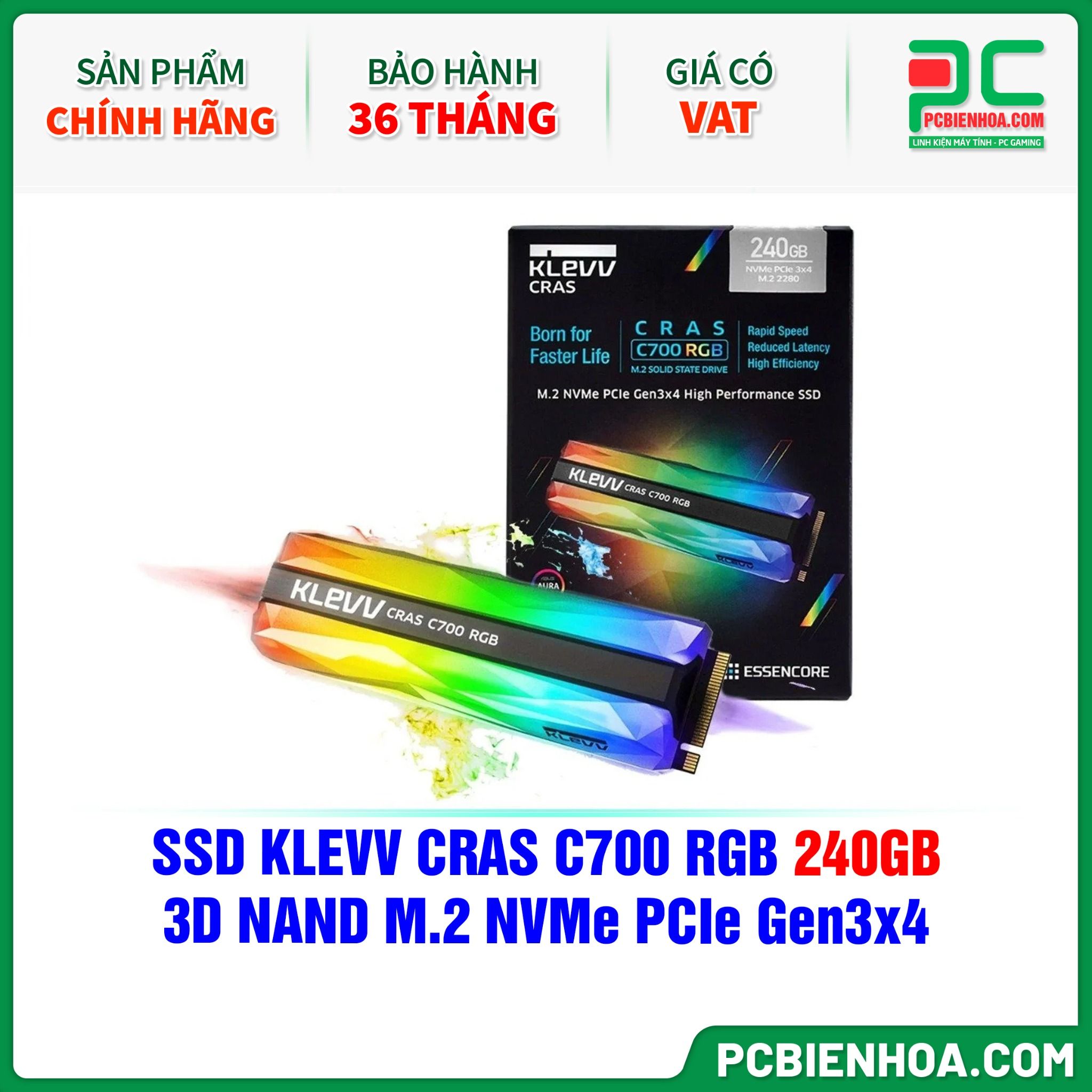 SSD KLEVV CRAS C700 RGB 240GB - 3D NAND M.2 NVMe PCIe Gen3x4 ( K240GM2SP0-C7R )