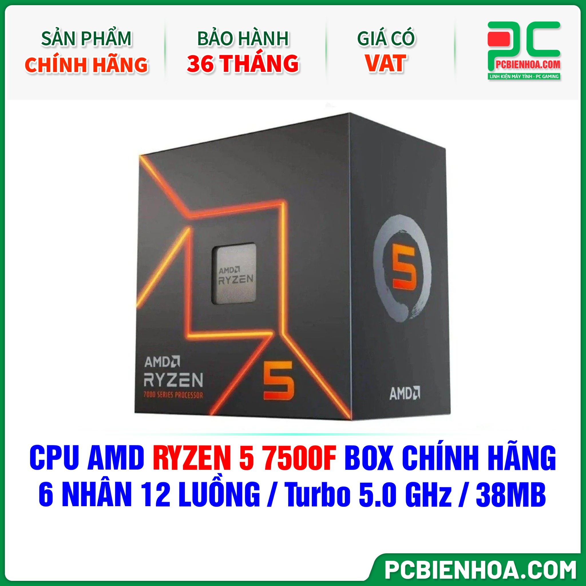 CPU AMD Ryzen 5 7500F BOX CHÍNH HÃNG ( 6 NHÂN 12 LUỒNG / Turbo 5.0 GHz / 38MB )