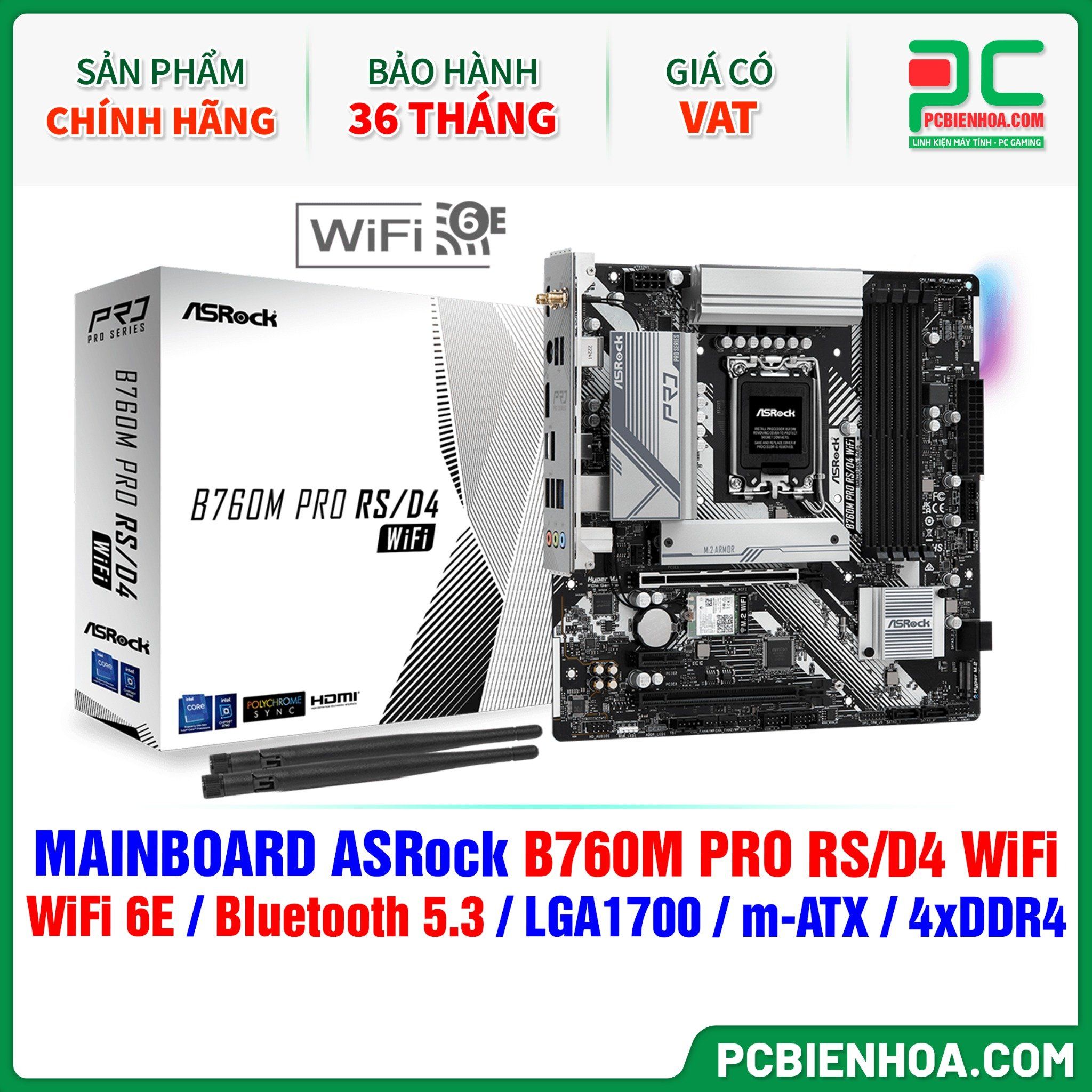 MAINBOARD ASRock B760M PRO RS/D4 WiFi ( WiFi 6E / Bluetooth 5.3 / LGA1700 / M-ATX / 4xDDR4 )