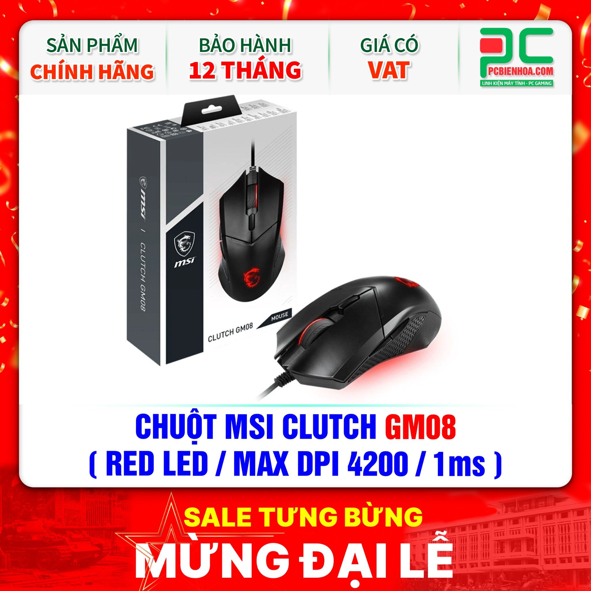 CHUỘT MSI CLUTCH GM08 ( RED LED / MAX DPI 4200 / 1ms )