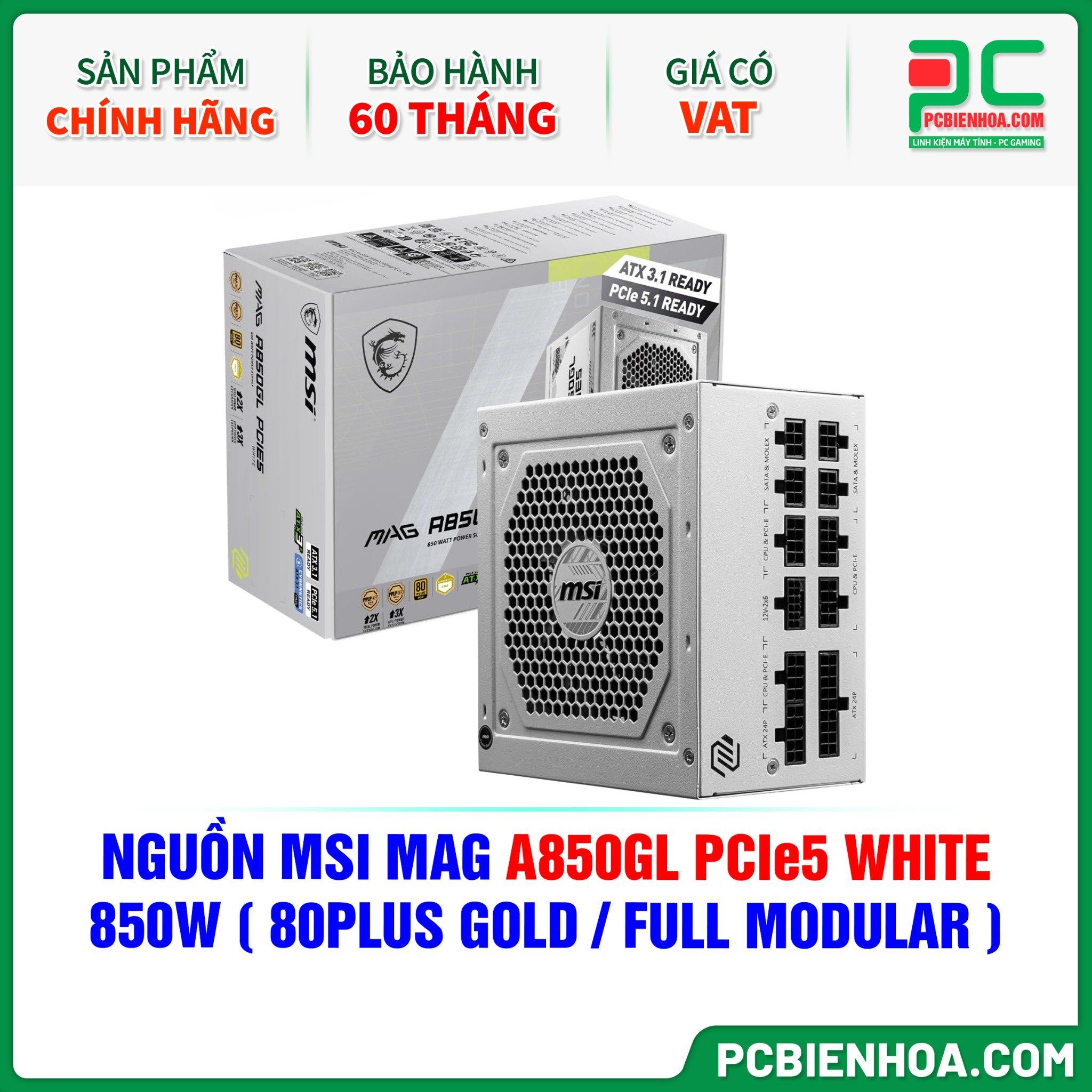 NGUỒN MSI MAG A850GL PCIe5 WHITE - 850W ( 80PLUS GOLD / FULL MODULAR )