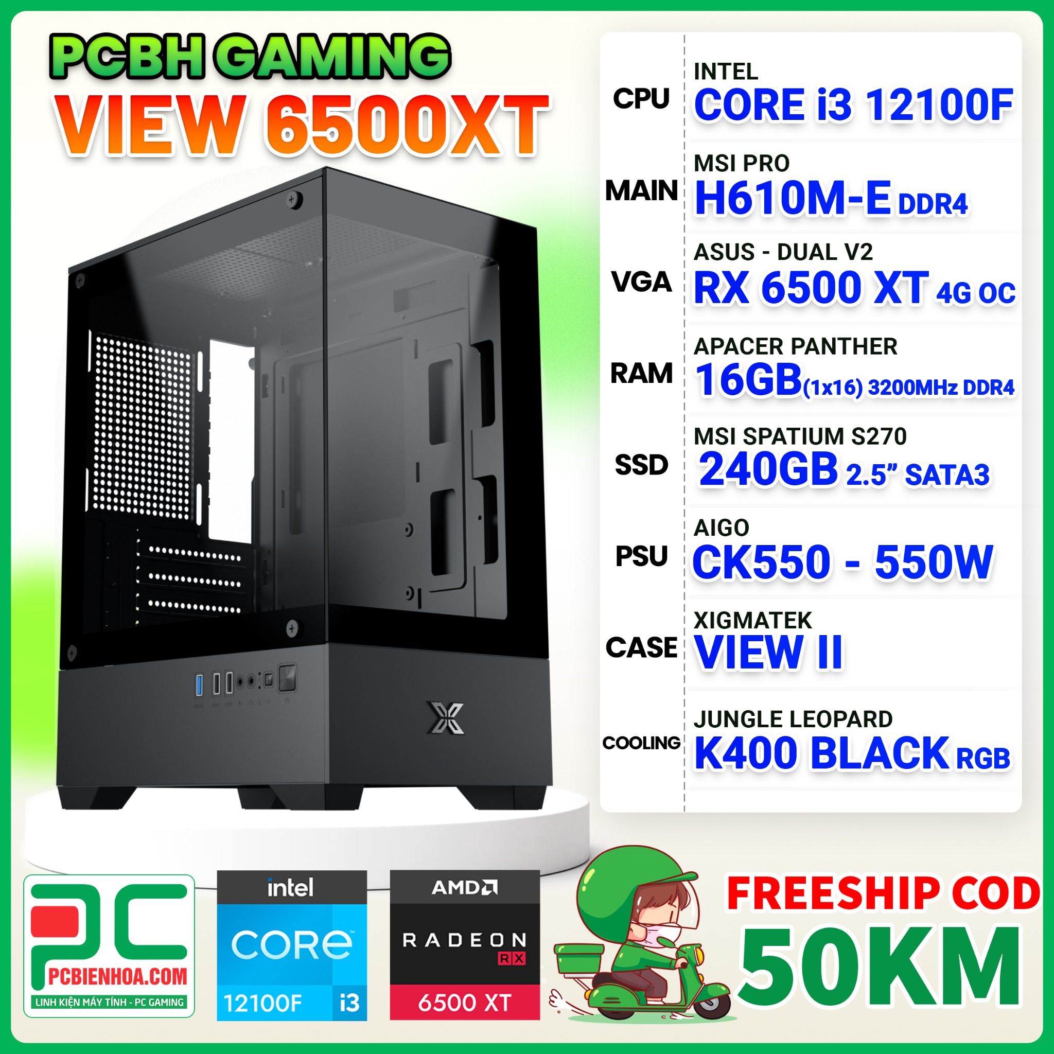PCBH GAMING VIEW CORE i3 12100F / H610M / RX 6500 XT 4G / 16GB / 240GB