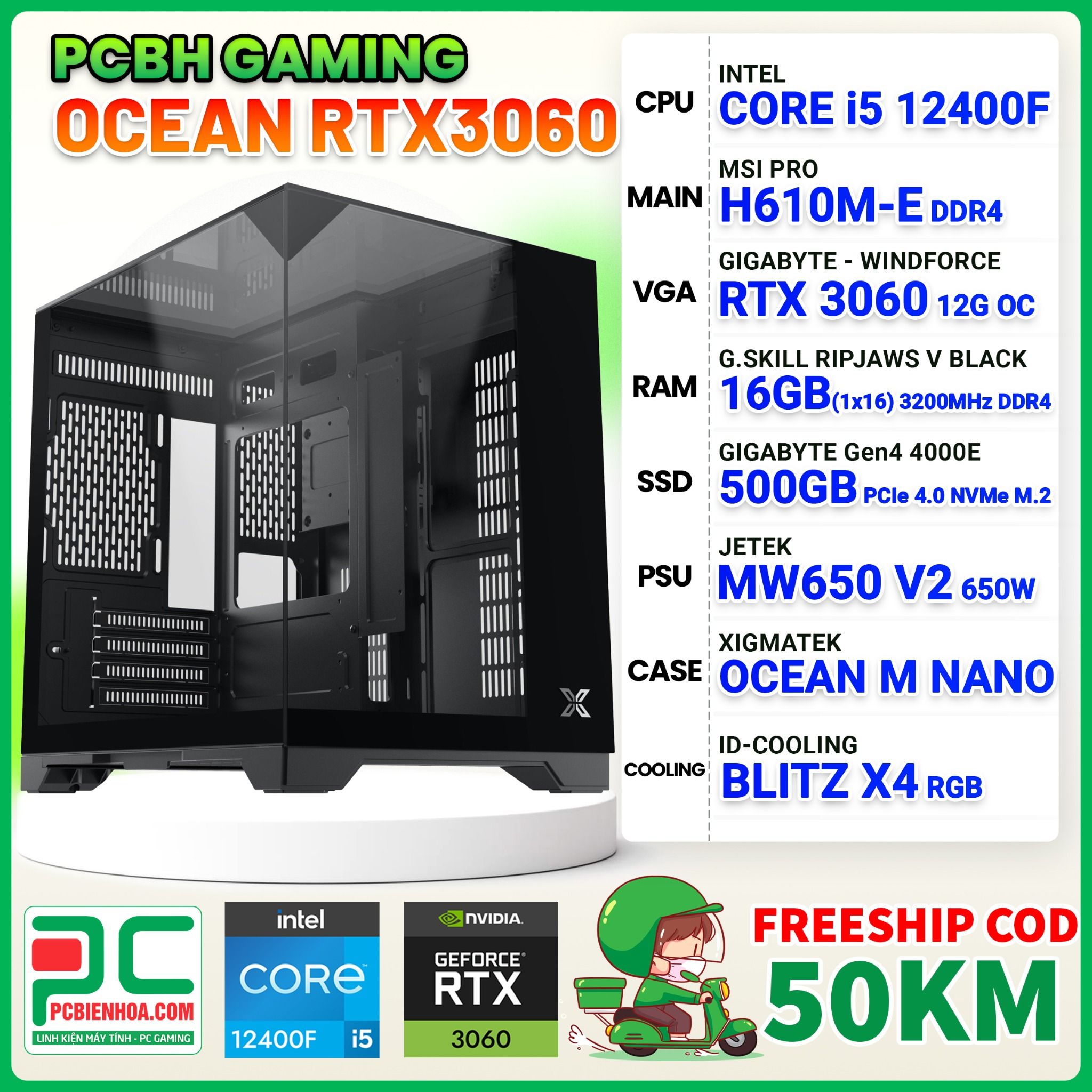 PCBH GAMING OCEAN CORE i5 12400F / H610M / RTX 3060 12GB / 16GB / 500GB
