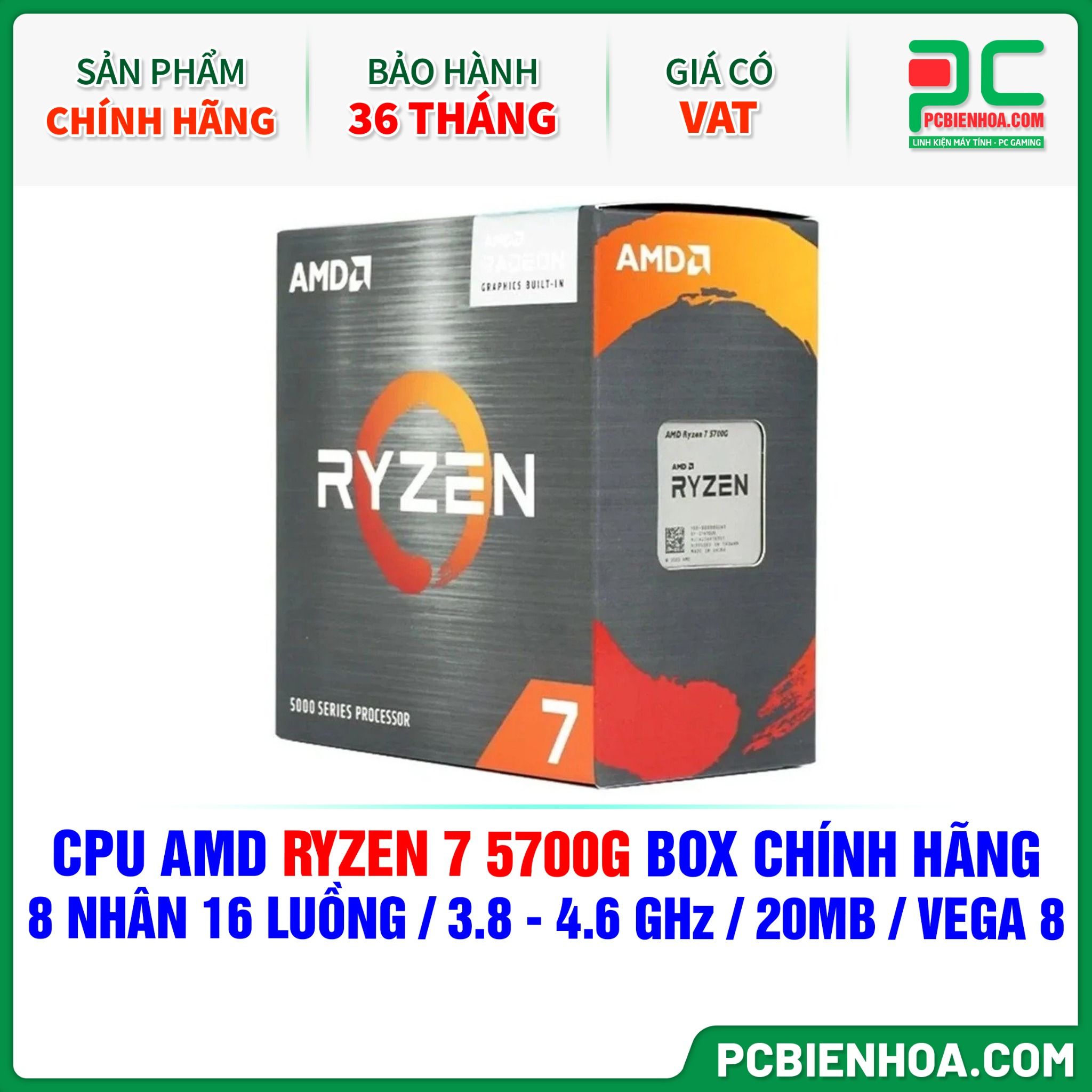 CPU AMD Ryzen 7 5700G BOX CHÍNH HÃNG ( 8 NHÂN 16 LUỒNG / 3.8 - 4.6 GHz / 20MB / VEGA 8 )
