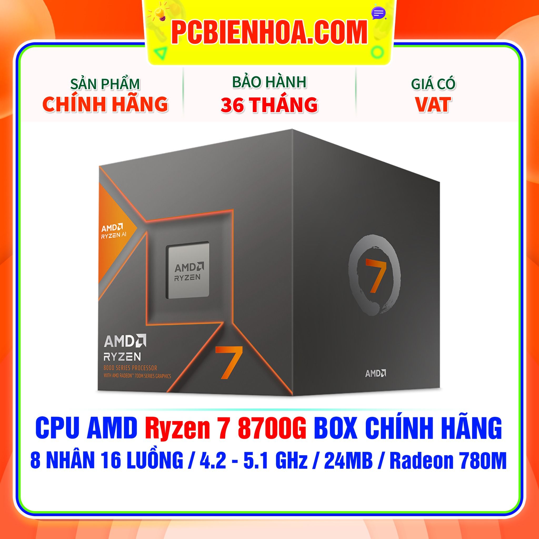  CPU AMD Ryzen 7 8700G BOX CHÍNH HÃNG ( 8 NHÂN 16 LUỒNG / 4.2 - 5.1 GHz / 24MB / Radeon 780M ) 