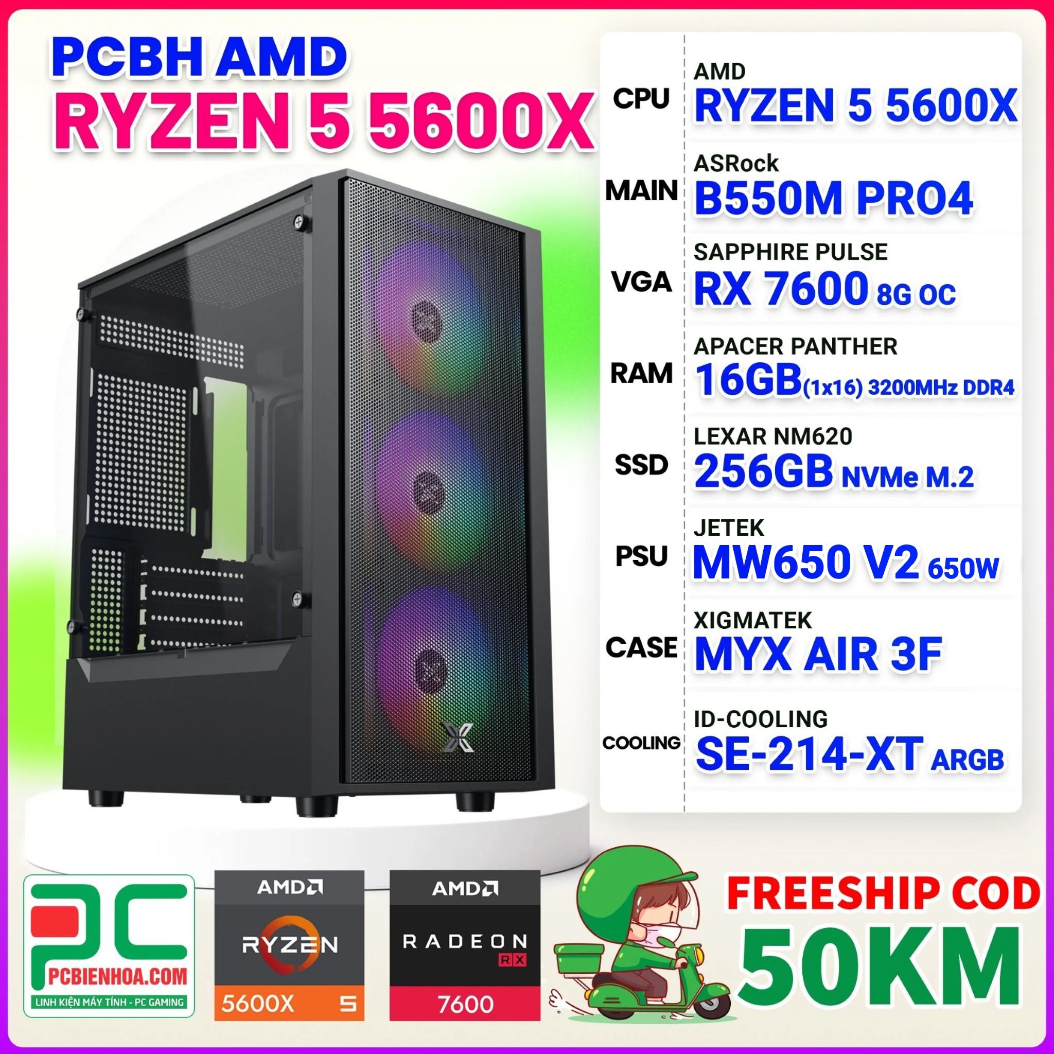 PCBH AMD RYZEN 5 5600X / B550M / RX 7600 8GB / 16GB / 256GB