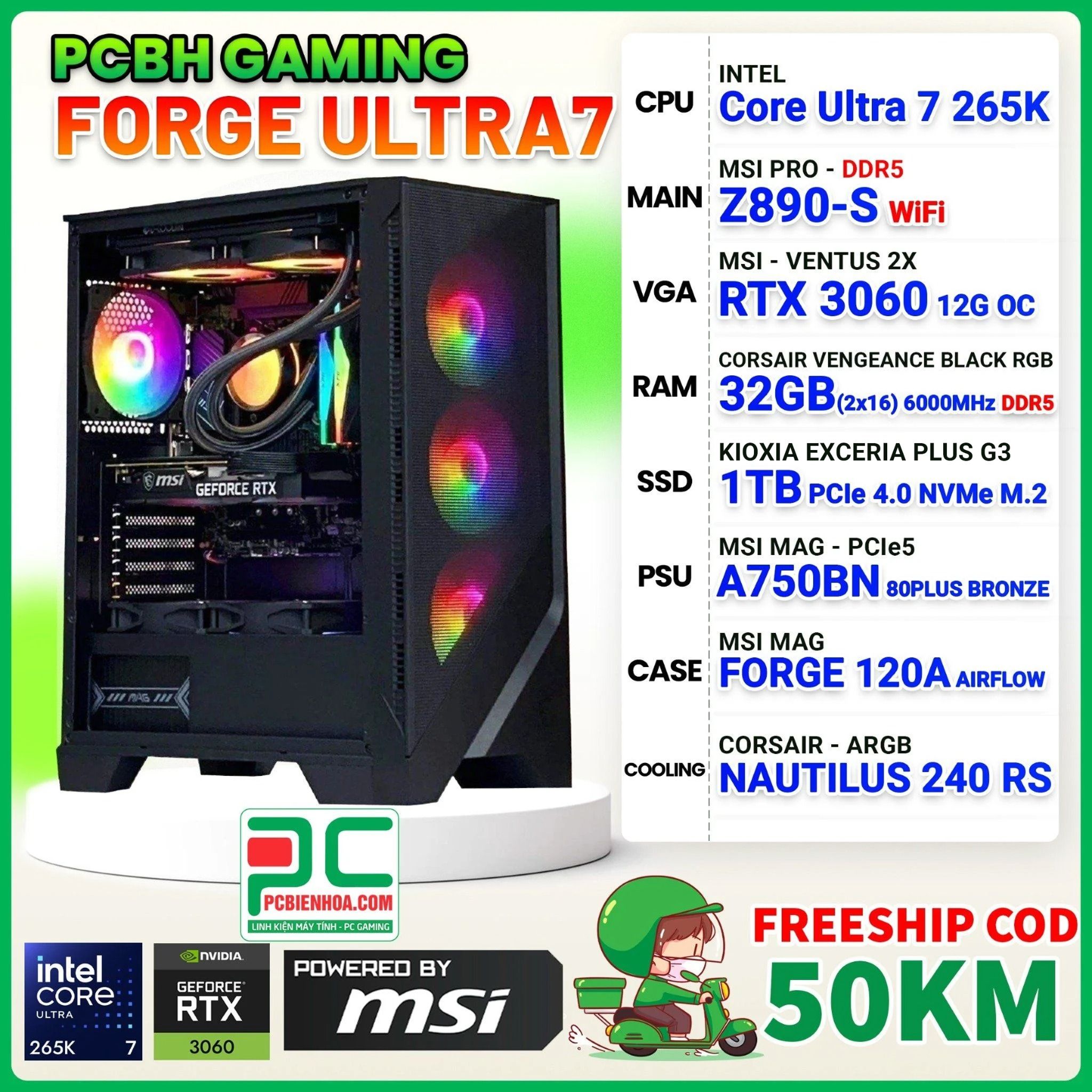 PCBH CORE ULTRA 7 265K / Z890 WiFi / RTX 3060 12G / 32GB DDR5 / 1TB