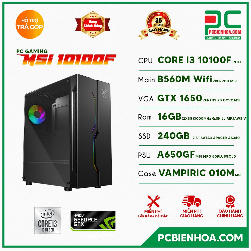 PC GAMING MSI 10100F ( CORE I3 10100F / B560 / GTX1650 / 16GB / 240GB )