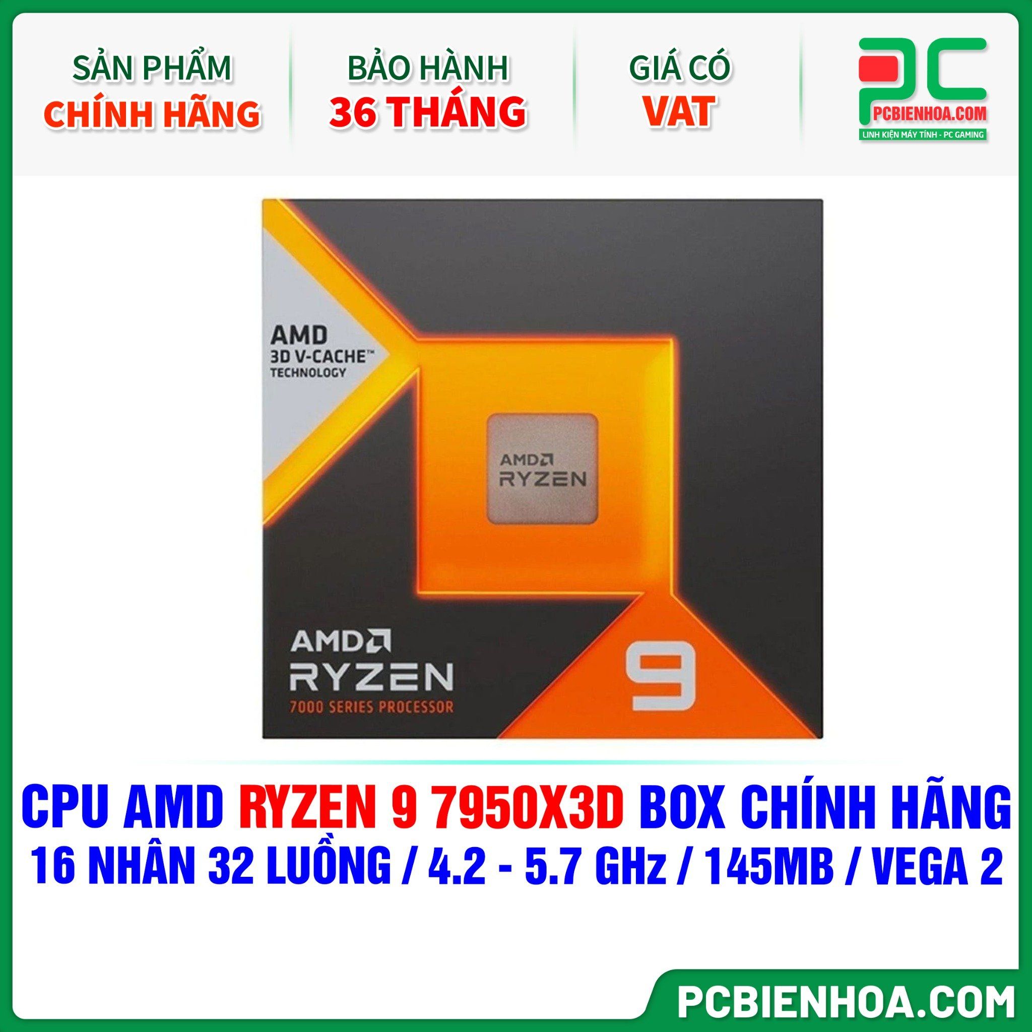 CPU AMD Ryzen 9 7950X3D BOX CHÍNH HÃNG ( 16 NHÂN 32 LUỒNG / 4.2 - 5.7 GHz / 145MB / RADEON VEGA 2 GRAPHICS )