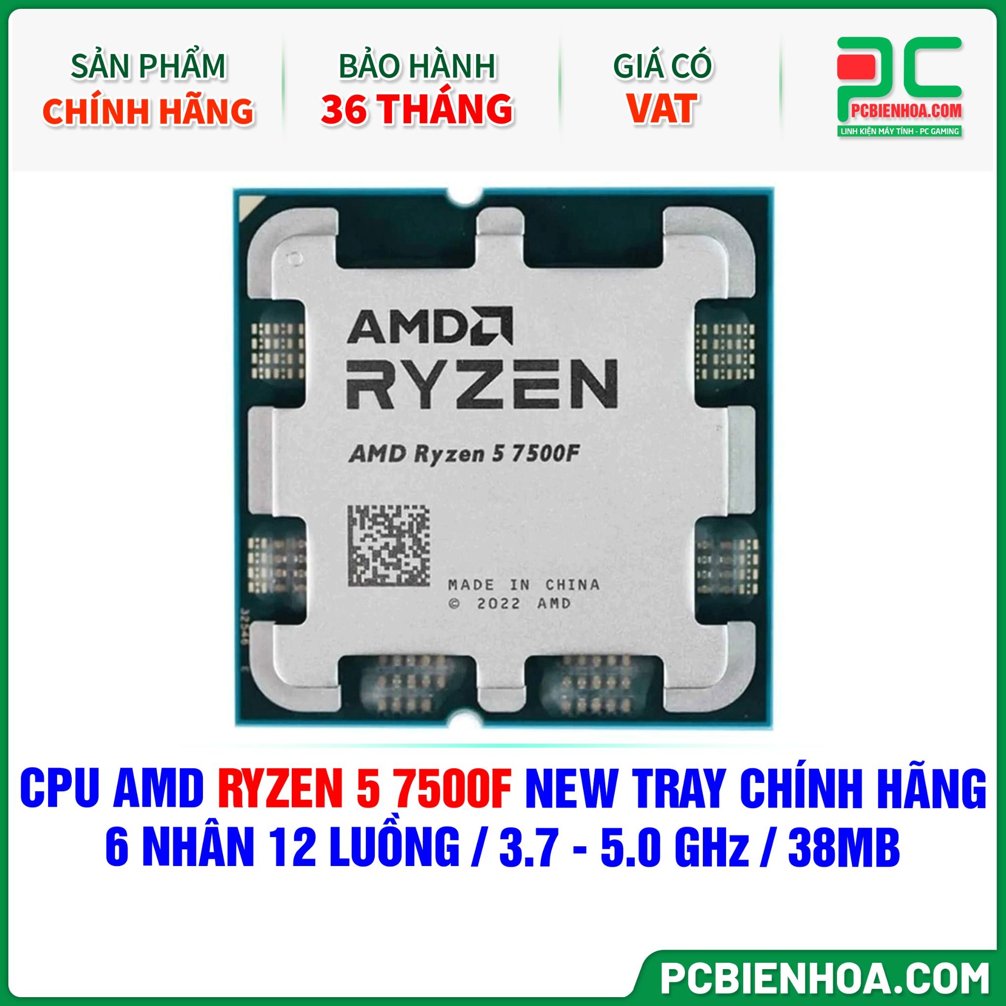 CPU AMD Ryzen 5 7500F NEW TRAY CHÍNH HÃNG ( 6 NHÂN 12 LUỒNG / 3.7 - 5.0 GHz / 38MB )