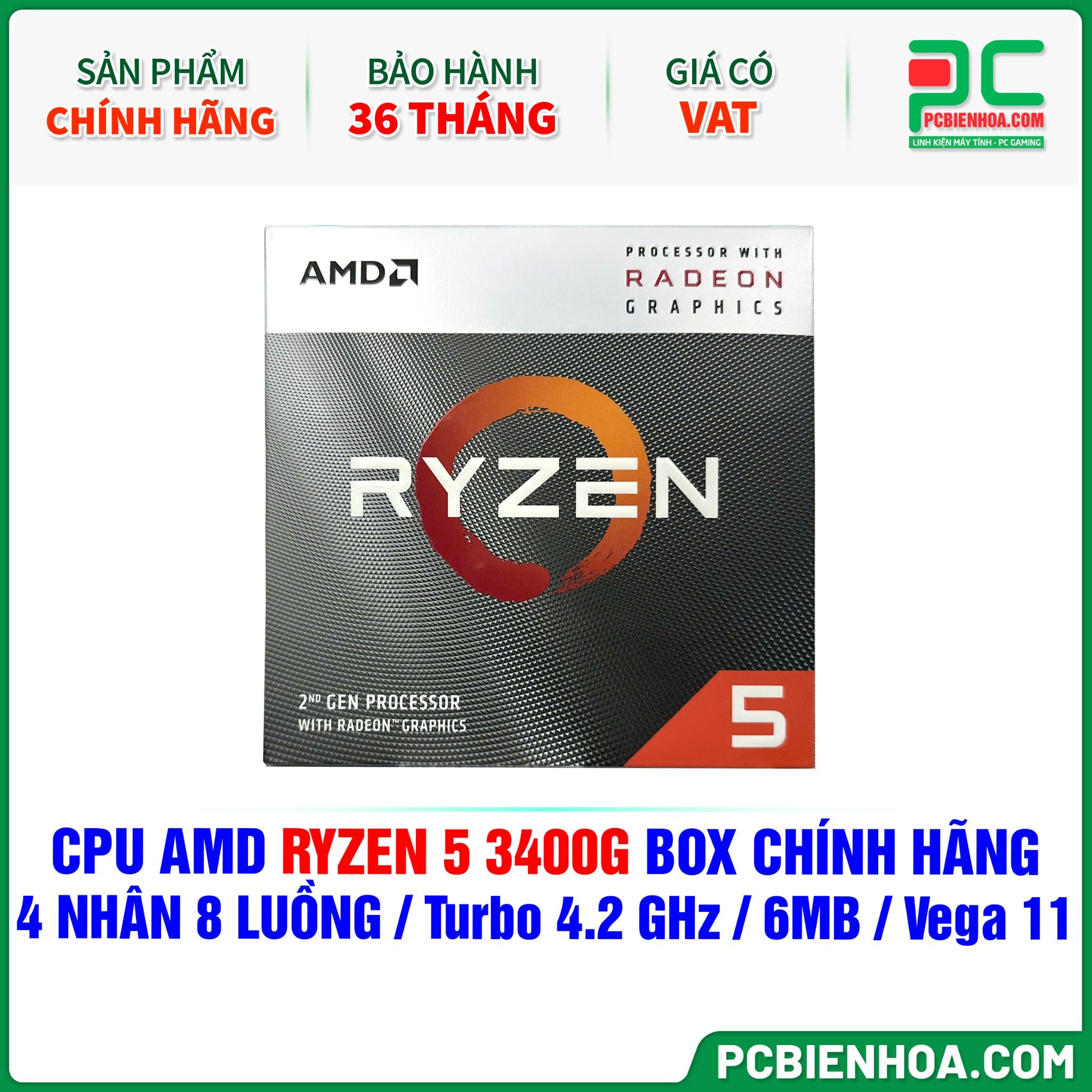 CPU AMD Ryzen 5 3400G BOX CHÍNH HÃNG ( 4 NHÂN 8 LUỒNG / Turbo 4.2 GHz / 6MB / Vega 11 Graphics )