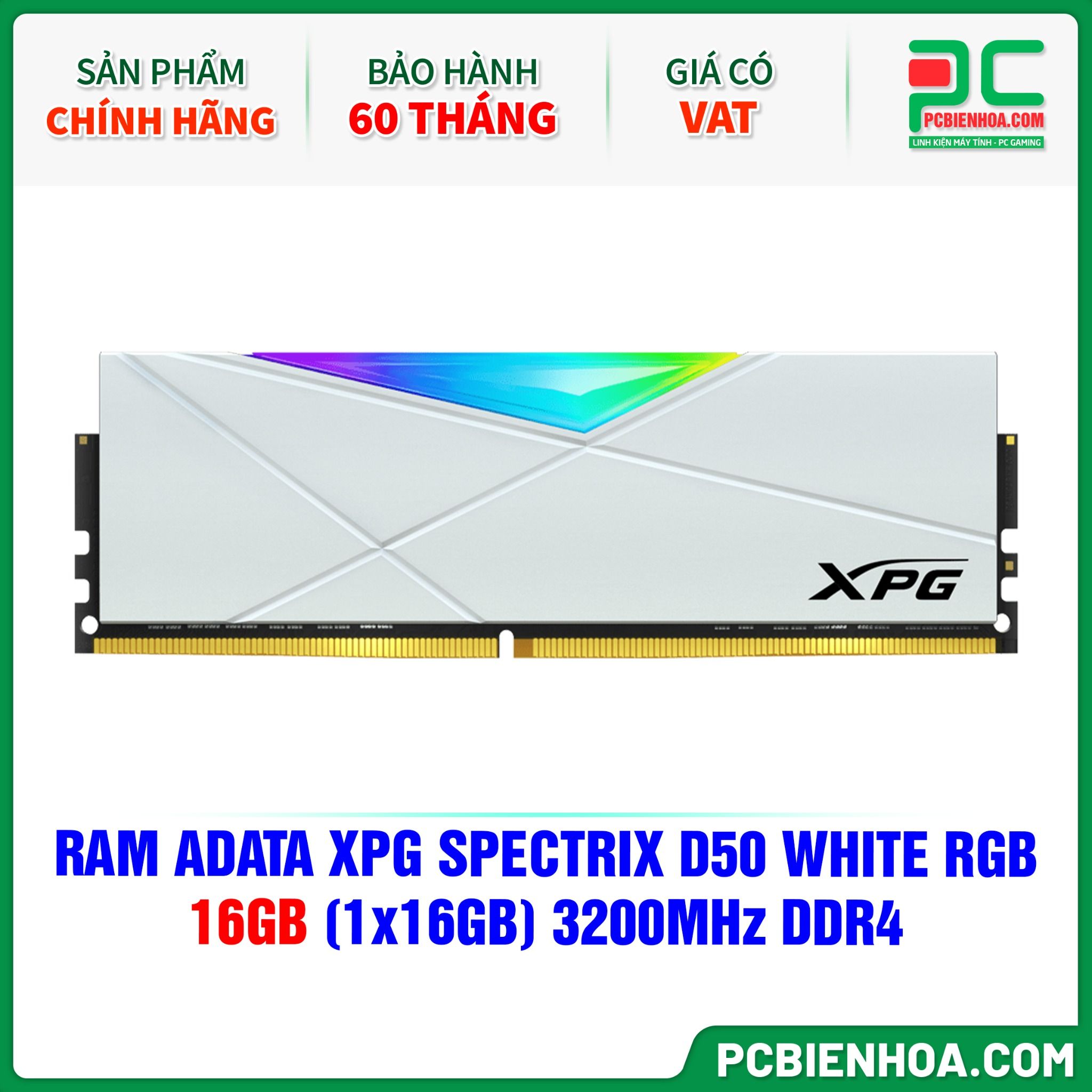RAM ADATA XPG SPECTRIX D50 WHITE RGB - 16GB (1x16GB) 3200MHz DDR4