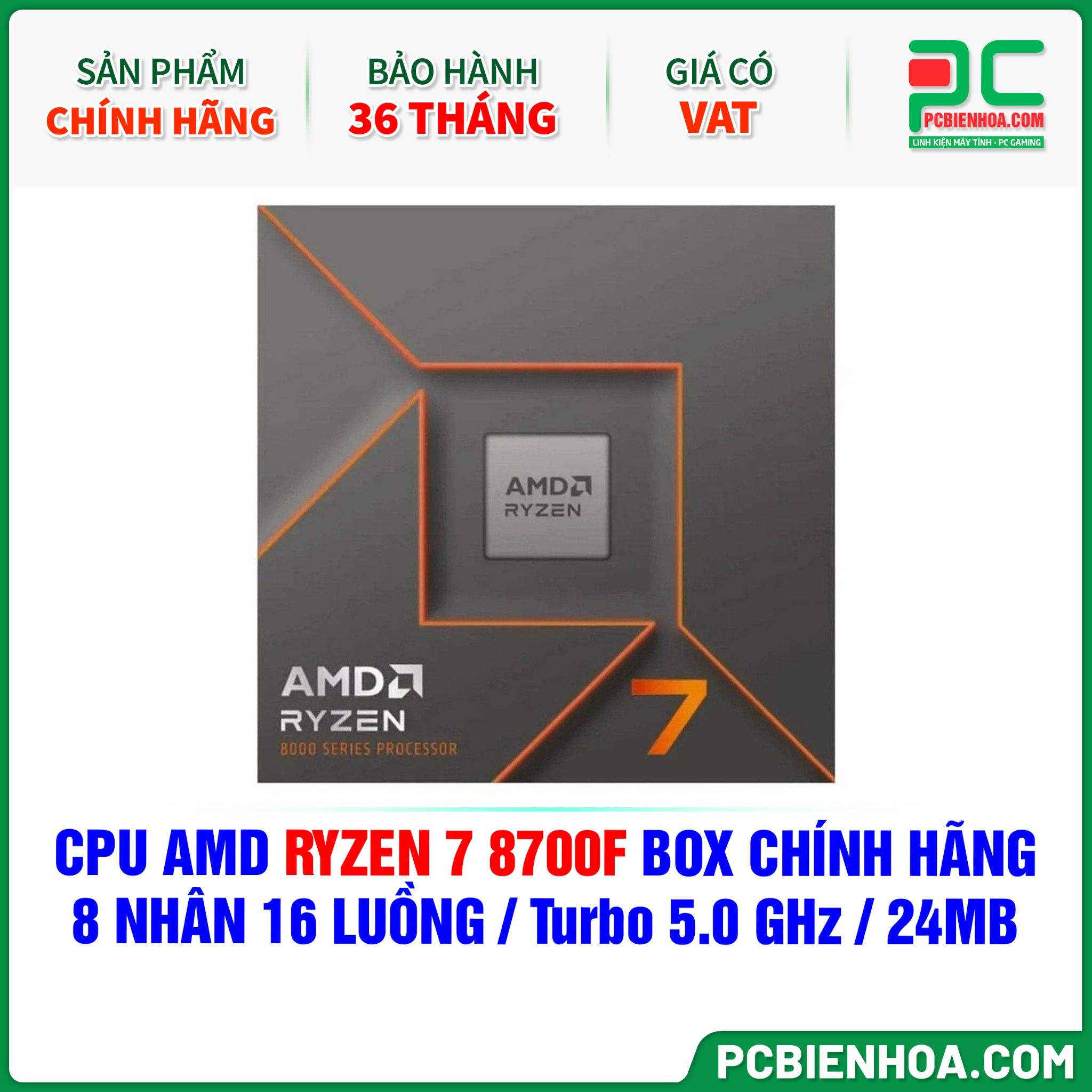 CPU AMD Ryzen 7 8700F BOX CHÍNH HÃNG ( 8 NHÂN 16 LUỒNG / Turbo 5.0 GHz / 24MB )