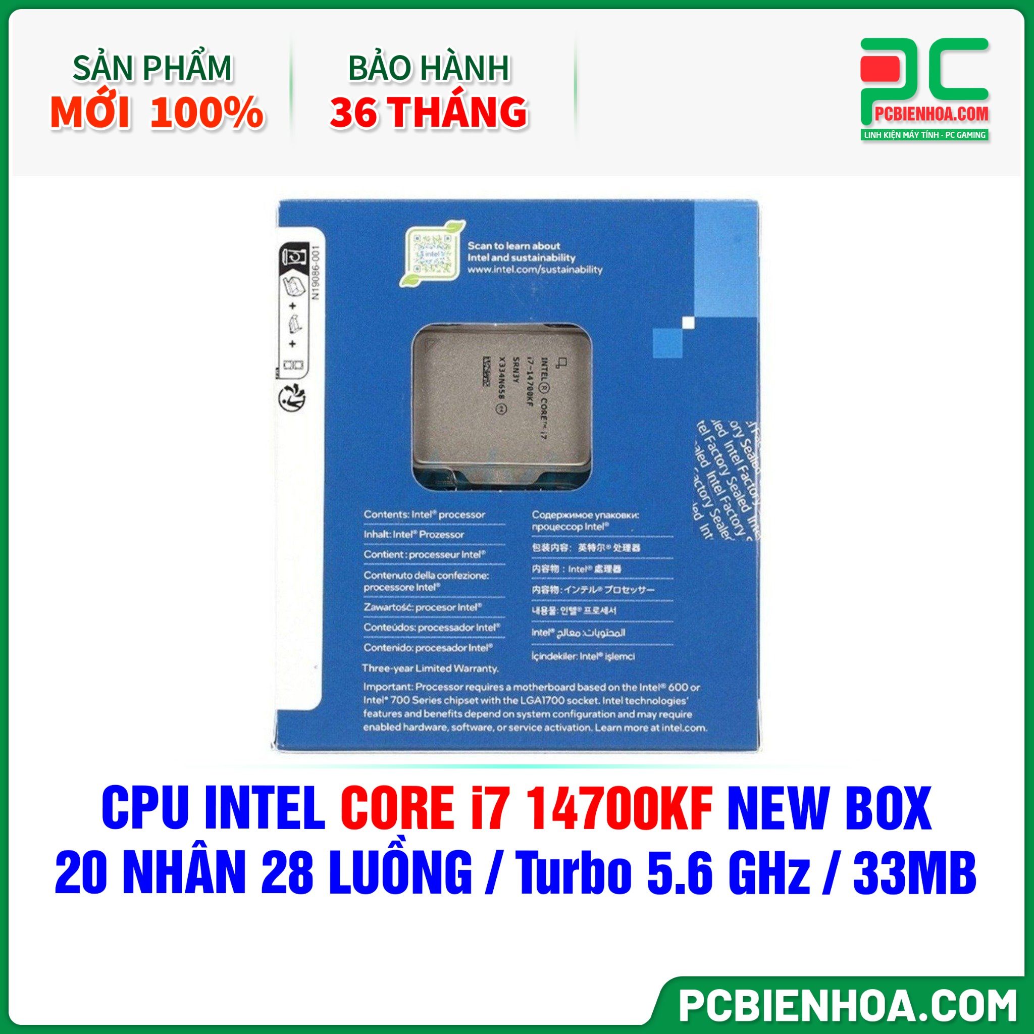 CPU Intel Core i7 14700KF NEW BOX ( 20 NHÂN 28 LUỒNG / Turbo 5.6 GHz / 33MB )