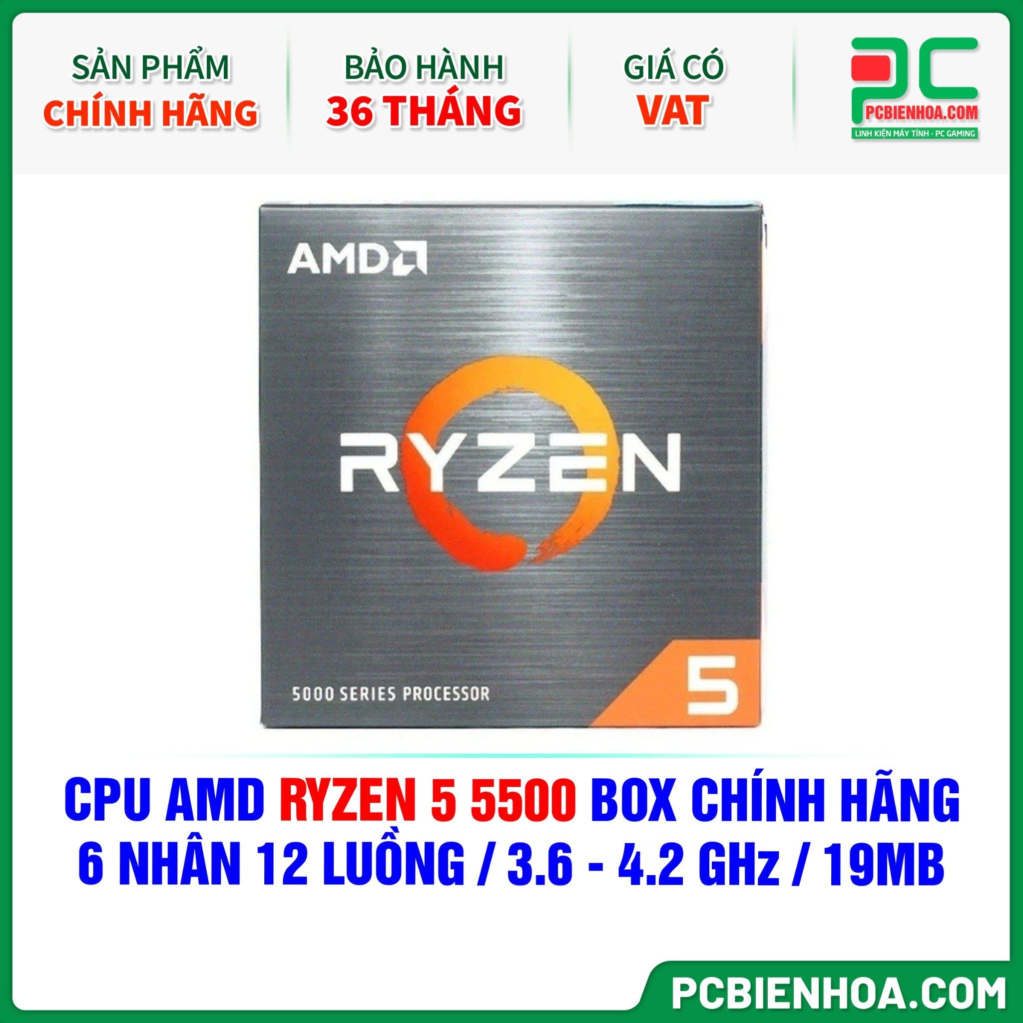 CPU AMD RYZEN 5 5500 BOX CHÍNH HÃNG ( 6 NHÂN 12 LUỒNG / 3.6 - 4.2 GHz / 19MB )