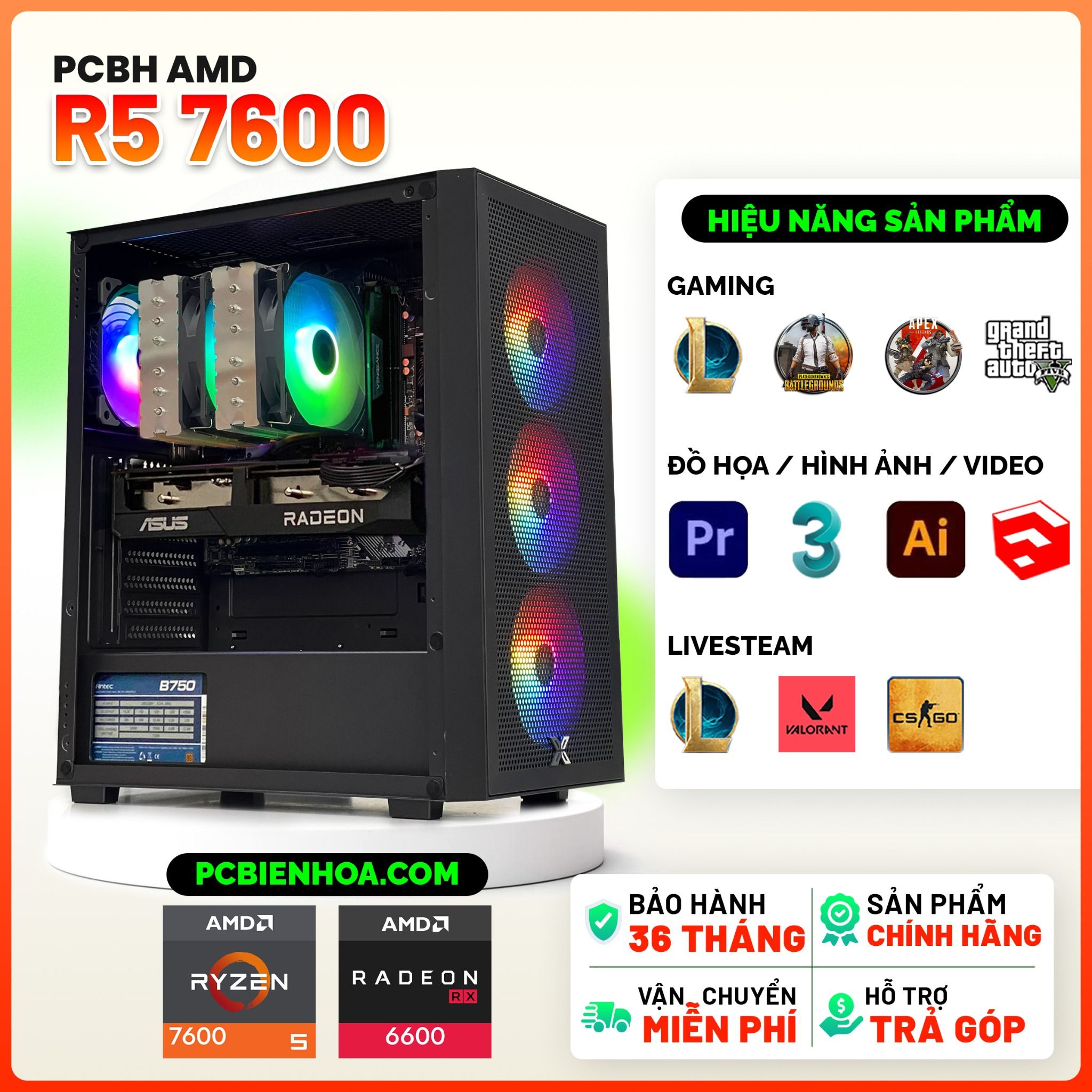  PCBH AMD RYZEN 5 7600 / B650M / RX6600 8GB / 16GB / 500GB 
