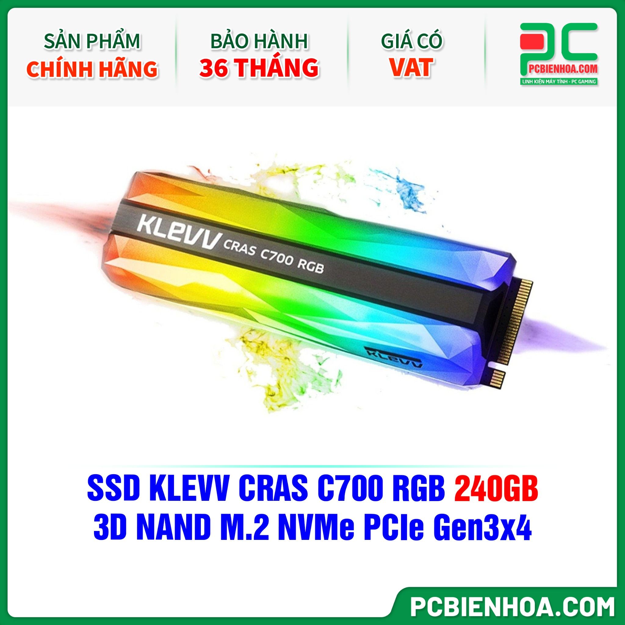 SSD KLEVV CRAS C700 RGB 240GB - 3D NAND M.2 NVMe PCIe Gen3x4 ( K240GM2SP0-C7R )