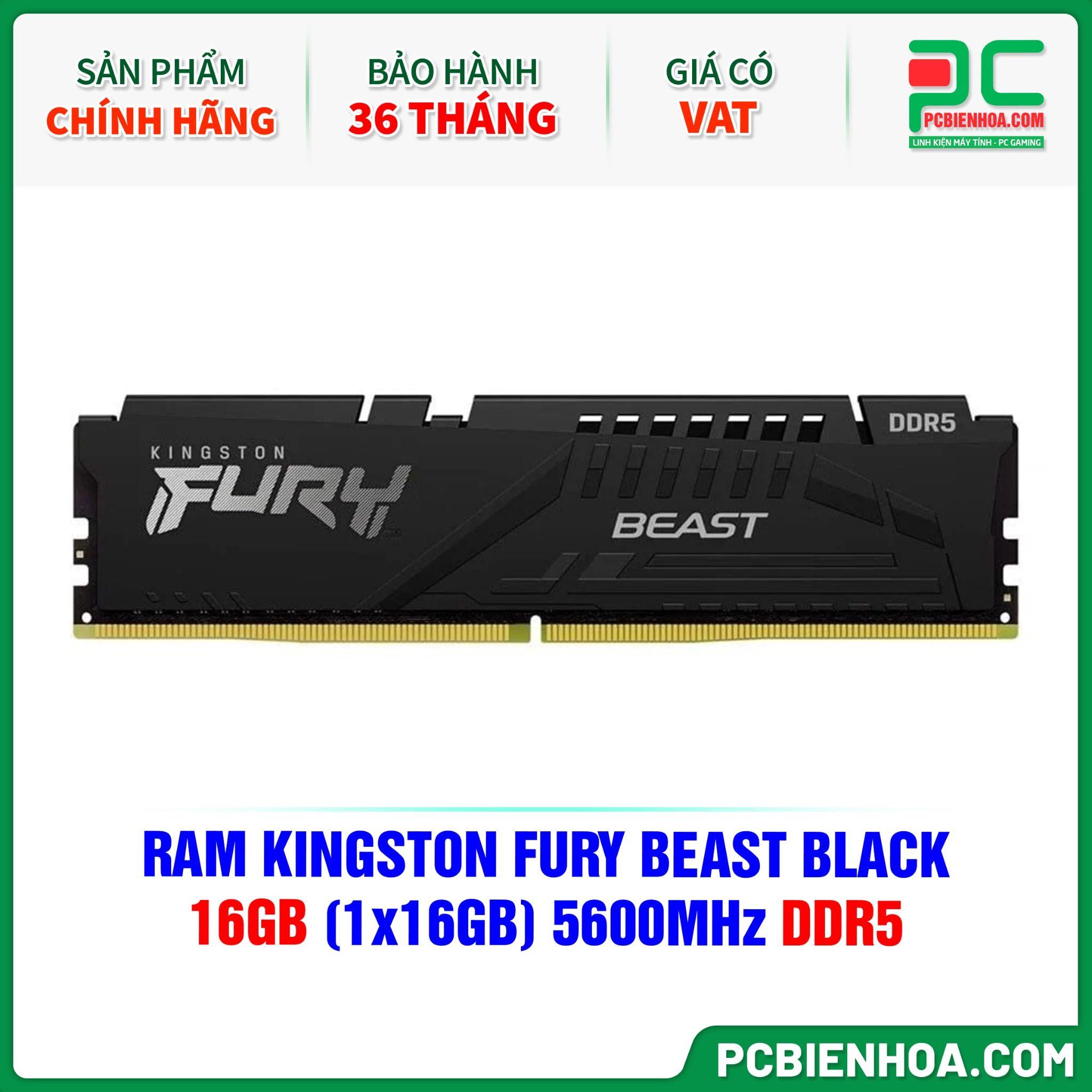 RAM KINGSTON FURY BEAST BLACK - 16GB (1x16GB) 5600MHz DDR5 ( KF556C40BB-16 )