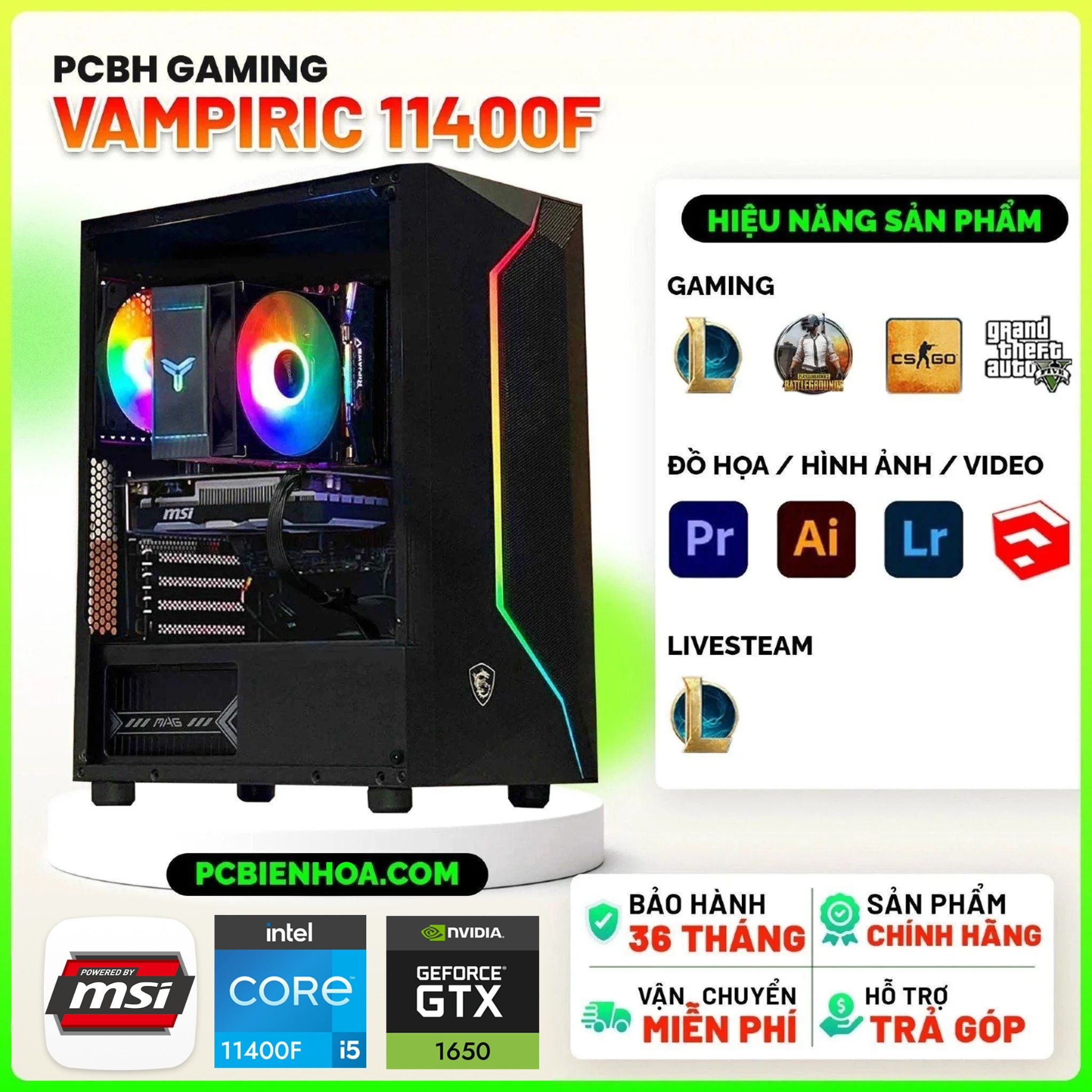  PCBH GAMING VAMPIRIC CORE i5 11400F / H510M / GTX1650 4GB / 8GB / 250GB 