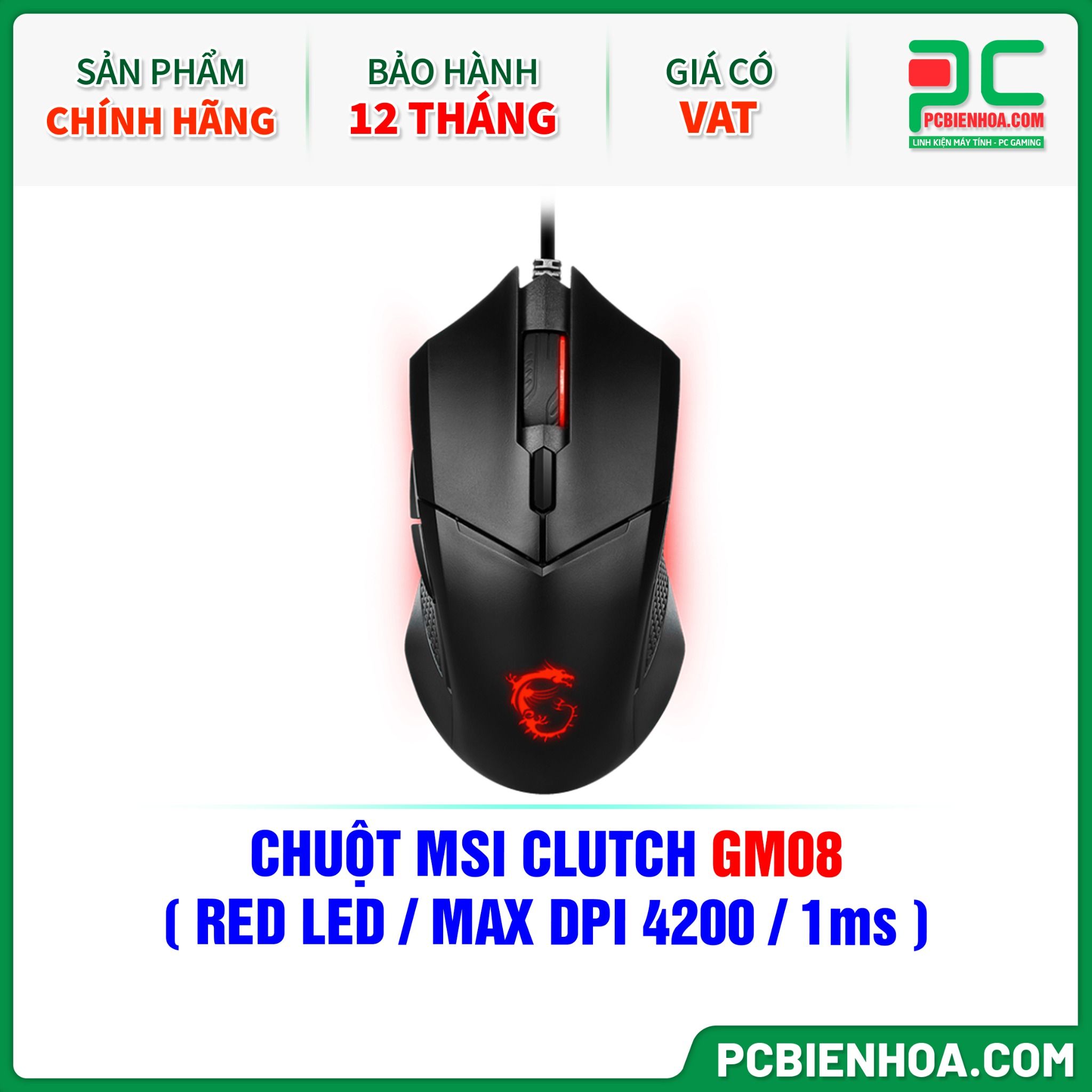 CHUỘT MSI CLUTCH GM08 ( RED LED / MAX DPI 4200 / 1ms )