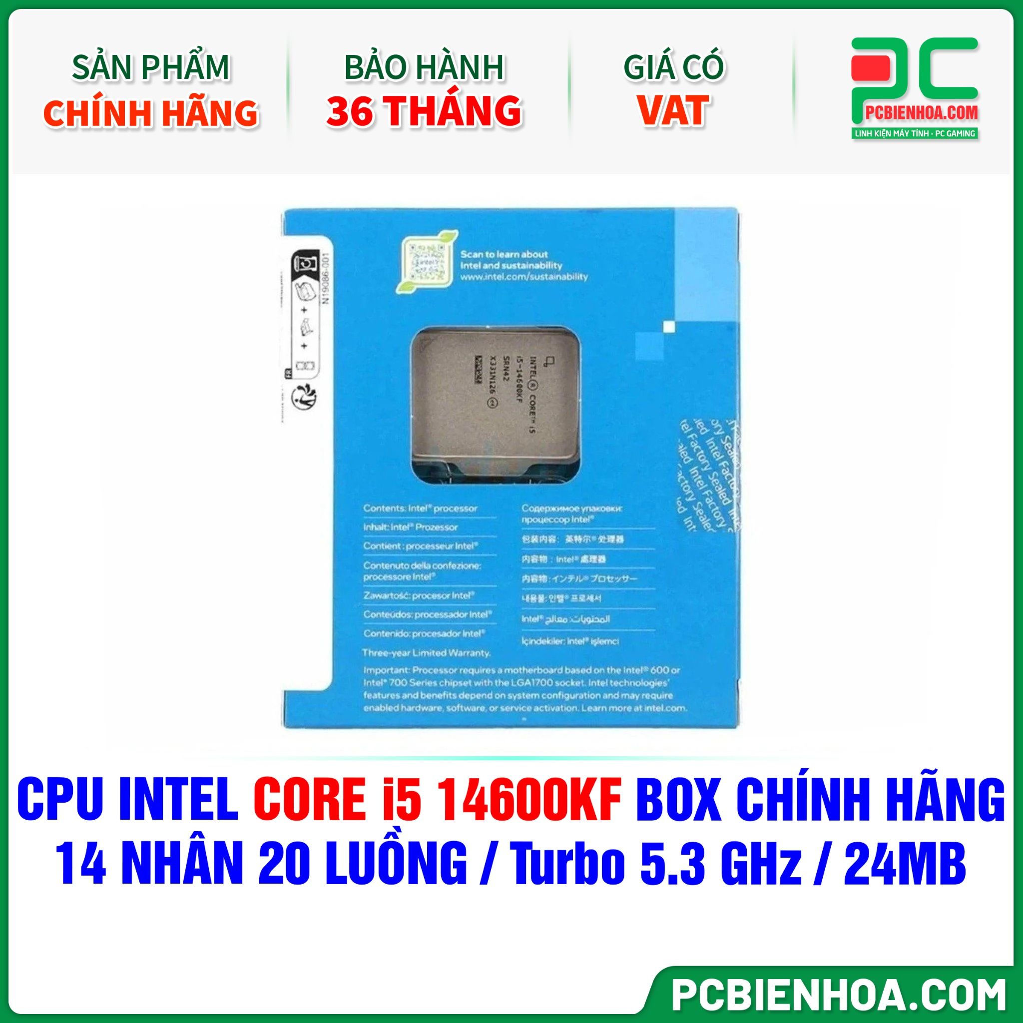 CPU INTEL CORE i5 14600KF BOX CHÍNH HÃNG ( 14 NHÂN 20 LUỒNG / Turbo 5.3 GHz / 24MB )