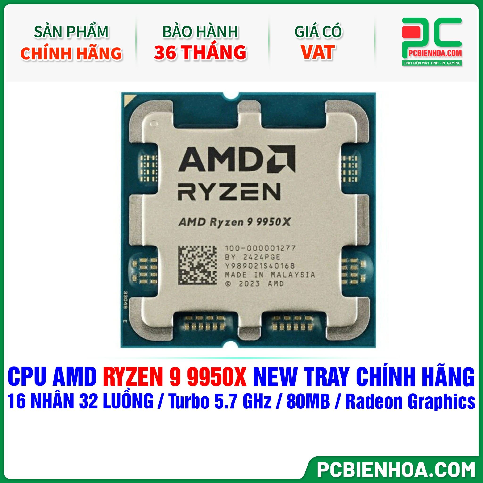 CPU AMD Ryzen 9 9950X NEW TRAY CHÍNH HÃNG ( 16 NHÂN 32 LUỒNG / Turbo 5.7 GHz / 80MB / Radeon Graphics )