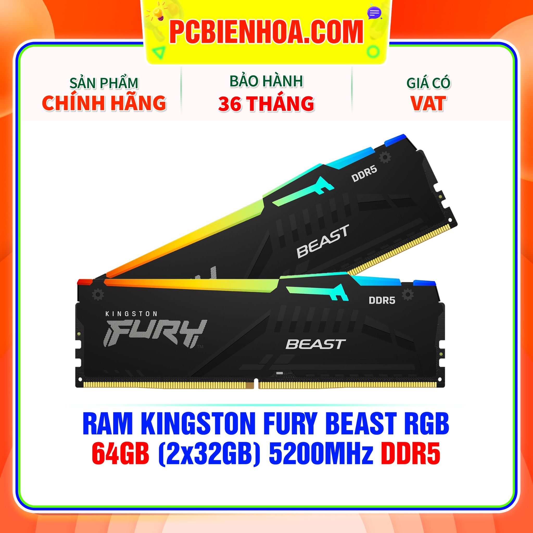  RAM KINGSTON FURY BEAST RGB 64GB (2x32GB) 5200MHz DDR5 ( KF552C40BBAK2-64 ) 