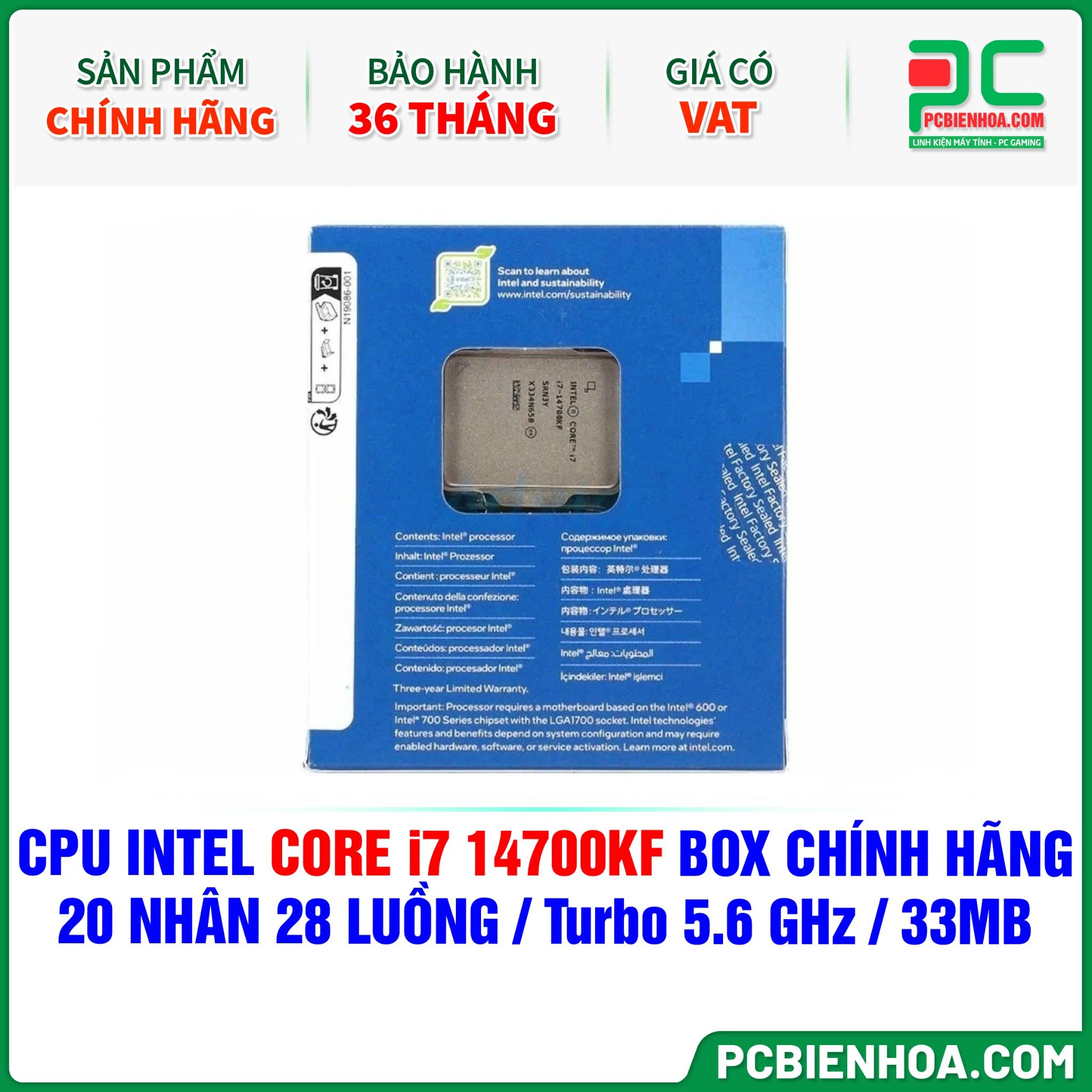 CPU Intel Core i7 14700KF BOX CHÍNH HÃNG ( 20 NHÂN 28 LUỒNG / Turbo 5.6 GHz / 33MB )